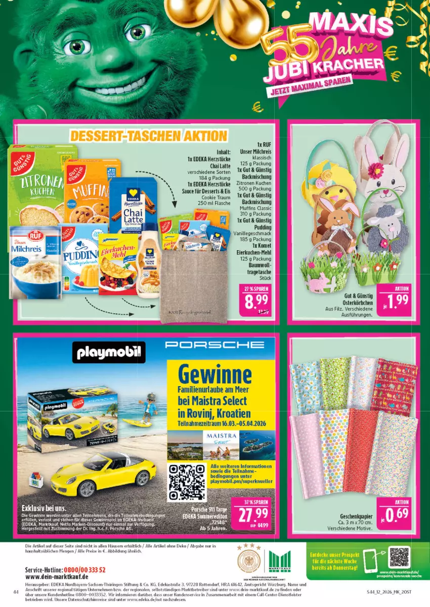 Aktueller Prospekt Marktkauf - Prospekt - von 15.03 bis 21.03.2026 - strona 44 - produkty: Astra, aust, backmischung, Bau, cookie, deka, dessert, desserts, eier, eis, elle, ente, flasche, Geschenkpapier, Körbchen, kuchen, mac, mais, mehl, milch, milchreis, Muffin, muffins, papier, playmobil, pudding, reis, ring, sac, sauce, Tasche, Ti, tragetasche, vanille, zitrone, zitronen