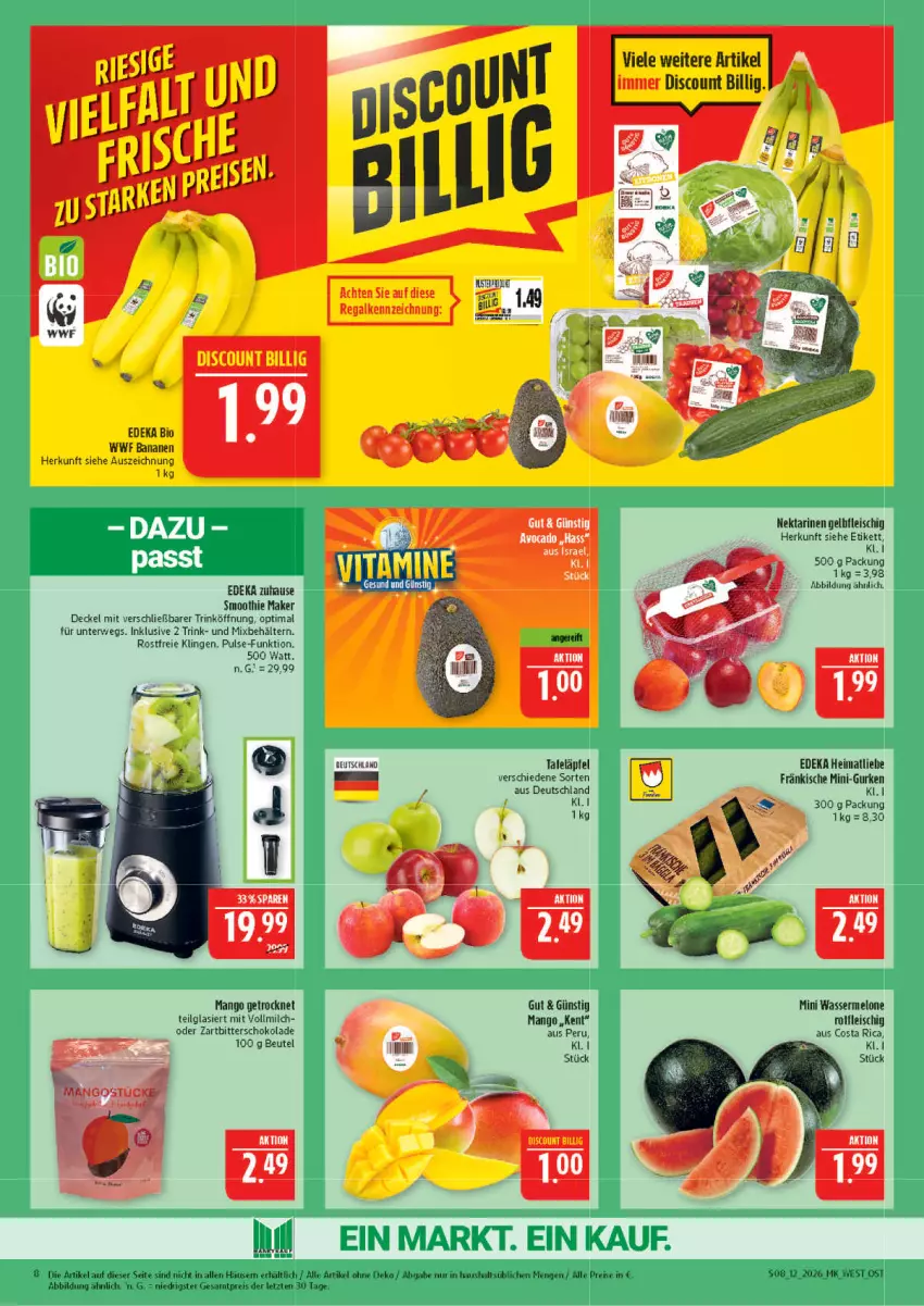 Aktueller Prospekt Marktkauf - Prospekt - von 15.03 bis 21.03.2026 - strona 8 - produkty: banane, bananen, Behälter, beutel, bio, decke, Deckel, deka, discount, edeka bio, eis, fleisch, gurke, gurken, LG, mango, melone, milch, mini-gurken, Nektar, nektarinen, regal, reis, rwe, schoko, schokolade, smoothie, Ti, vollmilch, wasser, wassermelone, Zartbitterschokolade, ZTE