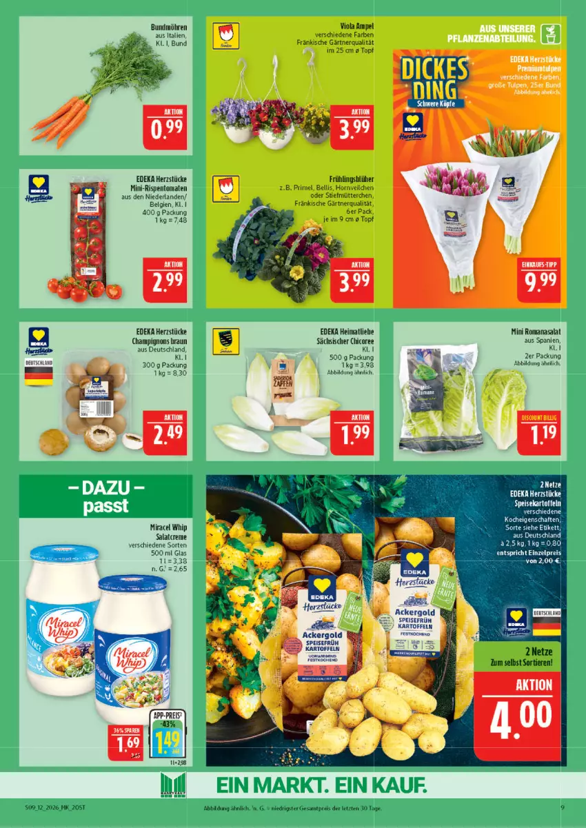 Aktueller Prospekt Marktkauf - Prospekt - von 15.03 bis 21.03.2026 - strona 9 - produkty: ackergold, braun, Bundmöhren, champignon, champignons, champignons braun, creme, deka, discount, eis, kartoffel, kartoffeln, LG, mini-rispentomaten, miracel, miracel whip, möhren, reis, rispentomaten, Romanasalat, salat, salatcreme, Ti, Tiere, tomate, tomaten, topf, ZTE