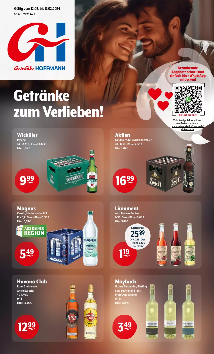 Aktueller Prospekt Getraenke Hoffmann - Prospekte - von 12.02 bis 17.02.2024 - strona 1 - produkty: angebot, angebote, auer, bier, burgunder, decke, eis, elle, getränk, getränke, grauer burgunder, Havana Club, kellerbier, limo, maybach, pils, pilsener, reis, riesling, rum, sauvignon, sauvignon blanc, Ti, WICK