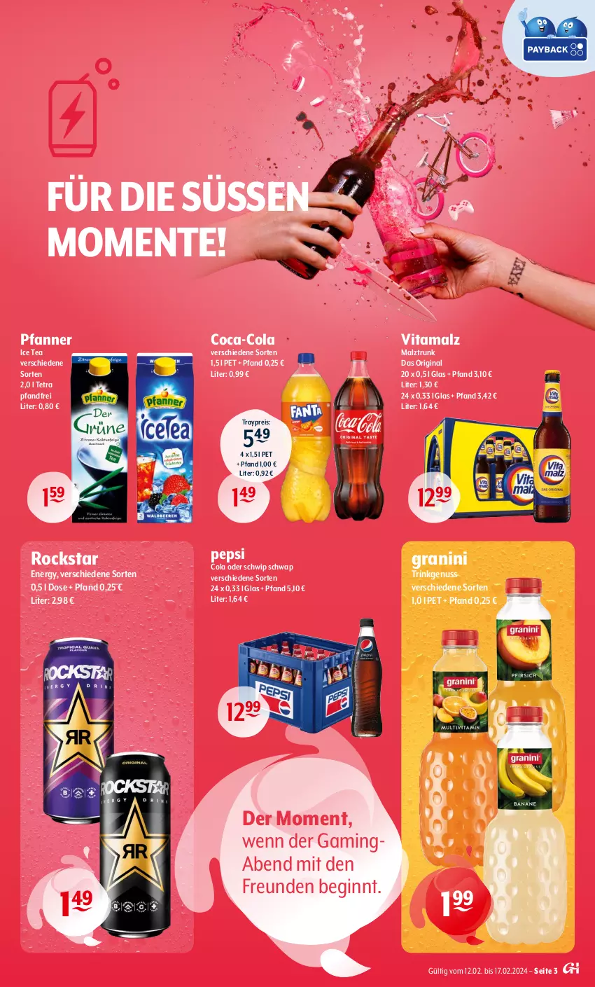 Aktueller Prospekt Getraenke Hoffmann - Prospekte - von 12.02 bis 17.02.2024 - strona 3 - produkty: coca-cola, cola, eis, ente, gin, granini, ice tea, malz, nuss, pepsi, Pepsi Cola, pfanne, Pfanner, reis, Rockstar, Schwip Schwap, Ti, vita, vitamalz