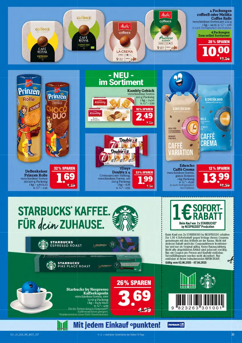 Aktueller Prospekt Marktkauf - Prospekt - von 01.06 bis 07.06.2025 - strona 21 - produkty: ball, bohne, bohnen, caffe, coupon, coupons, Croissant, croissants, debeukelaer, eduscho, erde, espresso, gin, kaffee, kaffeekapseln, melitta, nespresso, prinzen rolle, rwe, sofortrabatt, starbucks, Ti