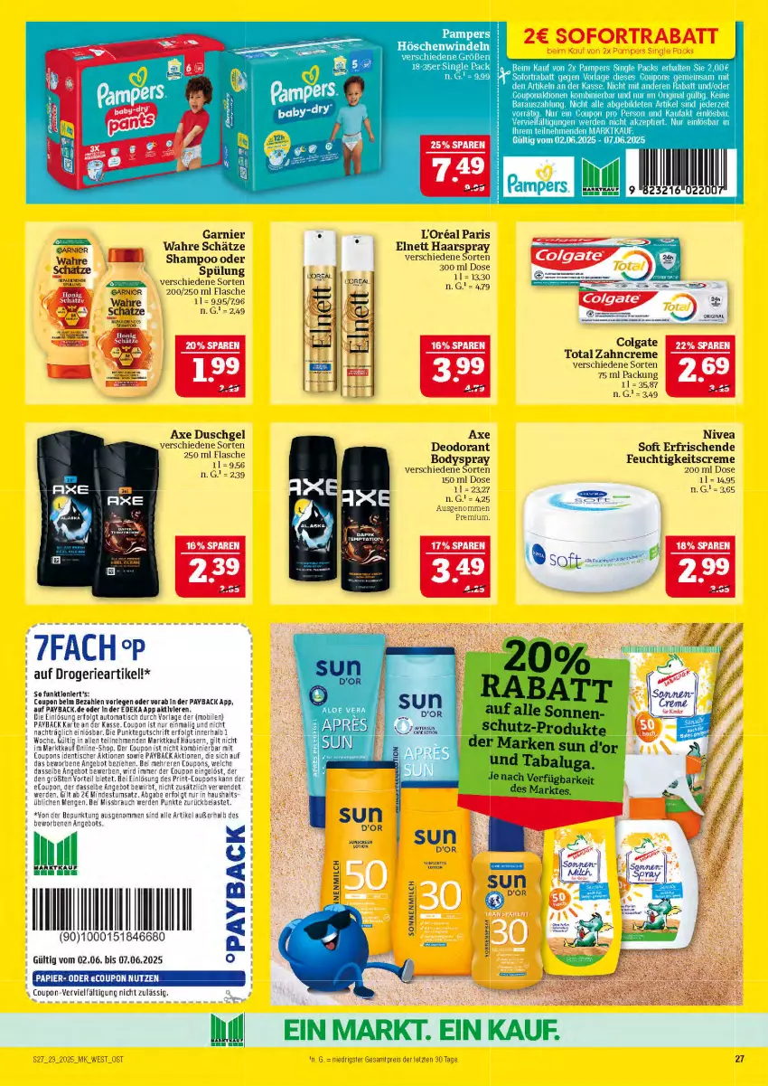 Aktueller Prospekt Marktkauf - Prospekt - von 01.06 bis 07.06.2025 - strona 27 - produkty: angebot, auto, axe, axe duschgel, body, bodyspray, colgate, colgate total, coupon, coupons, creme, deka, deo, deodorant, duschgel, eis, elnett, erde, feuchtigkeitscreme, flasche, garnier, haarspray, l'oreal, LG, milch, nivea, pampers, papier, payback, Rauch, reis, rwe, shampoo, sofortrabatt, sonnenmilch, sonnenspray, spülung, Ti, tisch, Wahre Schätze, Yo, zahncreme, ZTE