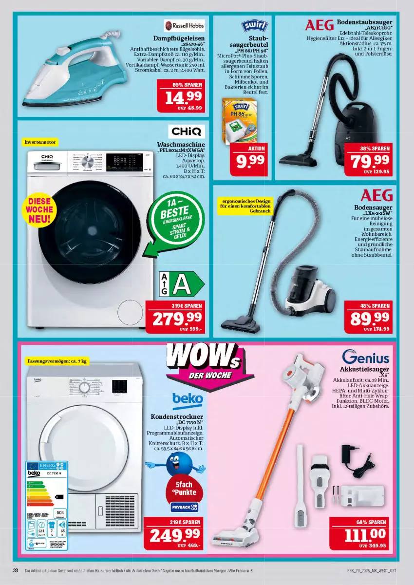 Aktueller Prospekt Marktkauf - Prospekt - von 01.06 bis 07.06.2025 - strona 38 - produkty: aeg, akku, aqua, aquastop, auto, Bau, beutel, bodensauger, bodenstaubsauger, bügel, Bügeleisen, dampfbügeleisen, edelstahl, eis, ente, hygienefilter, mab, Reinigung, reis, Ria, russell hobbs, staubbeutel, staubsauger, Stielsauger, Teleskop, Ti, tisch, Trockner, waschmaschine, wasser, wassertank, wrap