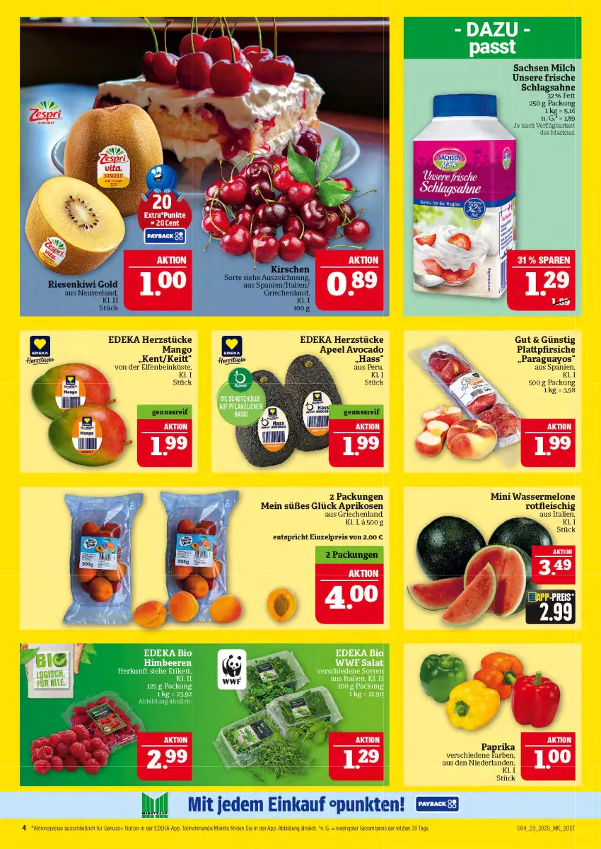 Aktueller Prospekt Marktkauf - Prospekt - von 01.06 bis 07.06.2025 - strona 4 - produkty: aktionspreis, aprikose, aprikosen, avocado, deka, eis, Elan, fleisch, kirsch, kiwi, Kiwi Gold, kiwifruit, LG, mango, melone, milch, nuss, paprika, paraguayos, pfirsich, pfirsiche, plattpfirsiche, reis, sac, sahne, schlagsahne, Ti, wasser, wassermelone, Yo, ZTE