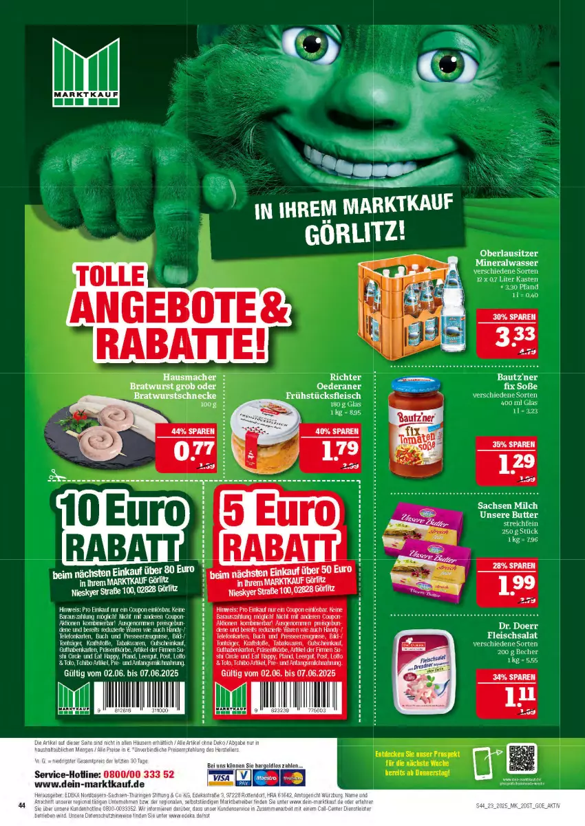 Aktueller Prospekt Marktkauf - Prospekt - von 01.06 bis 07.06.2025 - strona 44 - produkty: Alwa, auer, Bau, bier, bratwurst, buch, butter, coupon, eis, fleisch, fleischsalat, frühstücksfleisch, guthabenkarte, gutschein, Handy, Hausmacher, kraft, mac, milch, mineralwasser, rasen, reis, salat, Soße, Tchibo, tee, telefon, Ti, wasser, wurst