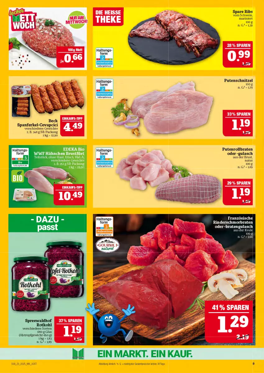 Aktueller Prospekt Marktkauf - Prospekt - von 01.06 bis 07.06.2025 - strona 9 - produkty: bio, braten, cevapcici, deka, edeka bio, eis, gulasch, natur, pute, Putenrollbraten, putenschnitzel, reis, rind, rinder, rollbraten, rotkohl, schmorbraten, schnitzel, schwein, spare ribs, spreewaldhof, wein, ZTE
