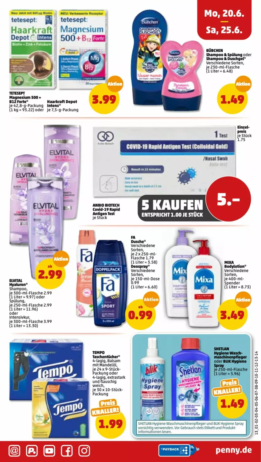 Aktueller Prospekt Penny - Prospekte - von 20.06 bis 25.06.2022 - strona 13 - produkty: asti, balsam, body, bodylotion, bübchen, deo, deospray, dusche, duschgel, eis, elvital, flasche, Heu, kraft, Lotion, magnesium, mandel, Mandelöl, Maschinenpfleger, Mixa, payback, Rauch, rwe, shampoo, spülung, Tasche, taschen, taschentücher, tee, Tempo, Ti, tuc, tücher, vita, waschmaschine, waschmaschinen