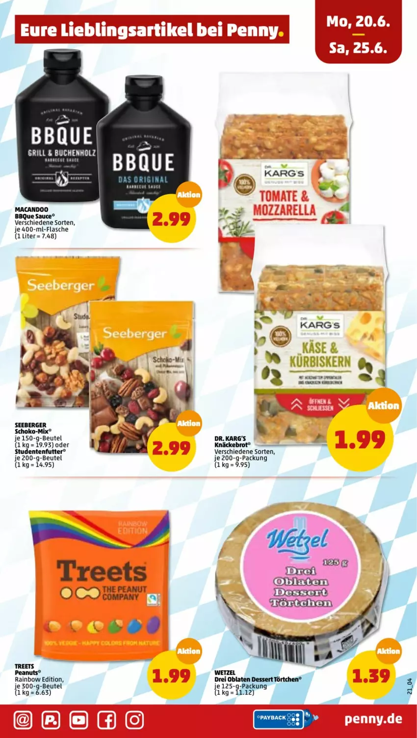 Aktueller Prospekt Penny - Prospekte - von 20.06 bis 25.06.2022 - strona 21 - produkty: Berger, beutel, brot, dessert, ente, flasche, Käse, knäckebrot, mac, Oblaten, sauce, schoko, seeberger, studentenfutter, Ti, Törtchen