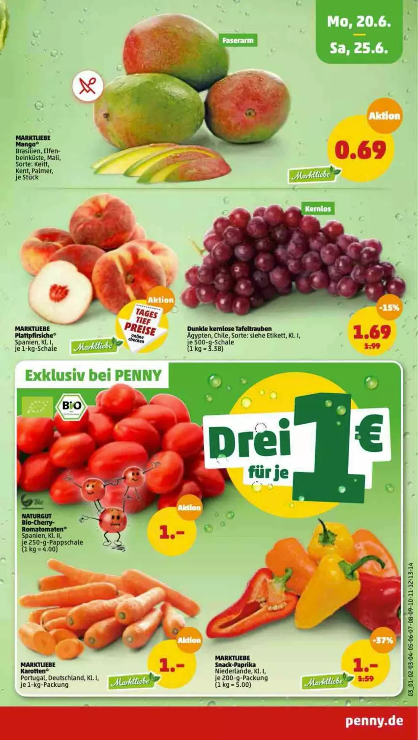 Aktueller Prospekt Penny - Prospekte - von 20.06 bis 25.06.2022 - strona 3 - produkty: karotten, paprika, pfirsich, pfirsiche, plattpfirsiche, Schal, Schale, snack, tafeltrauben, Ti, trauben