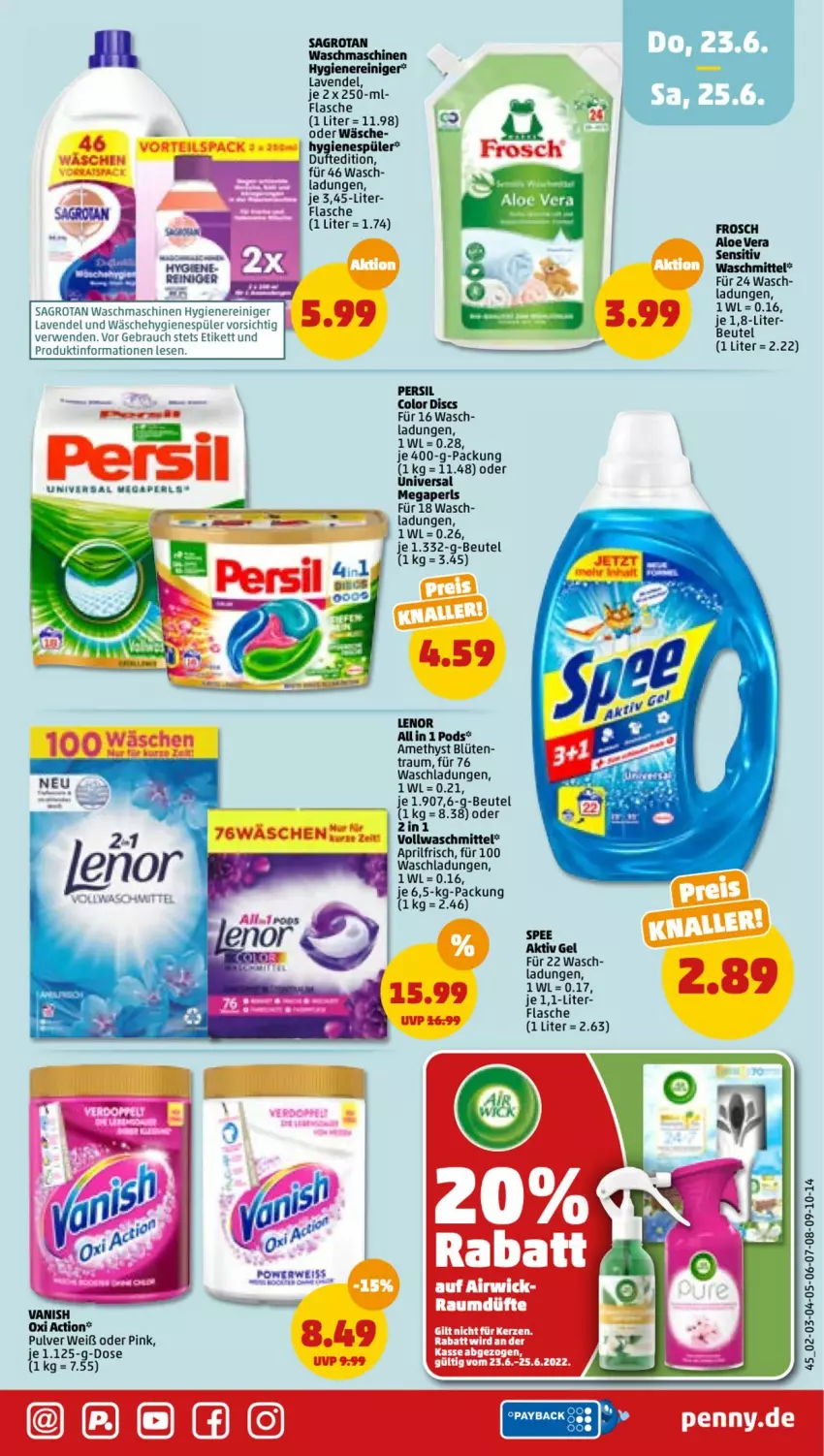 Aktueller Prospekt Penny - Prospekte - von 20.06 bis 25.06.2022 - strona 45 - produkty: airwick, beutel, Blüte, flasche, Frosch, hygienespüler, lavendel, lenor, megaperls, persil, Pods, pril, Rauch, reiniger, rwe, sagrotan, spee, Ti, universal megaperls, vollwaschmittel, waschmaschine, waschmaschinen, waschmittel, WICK