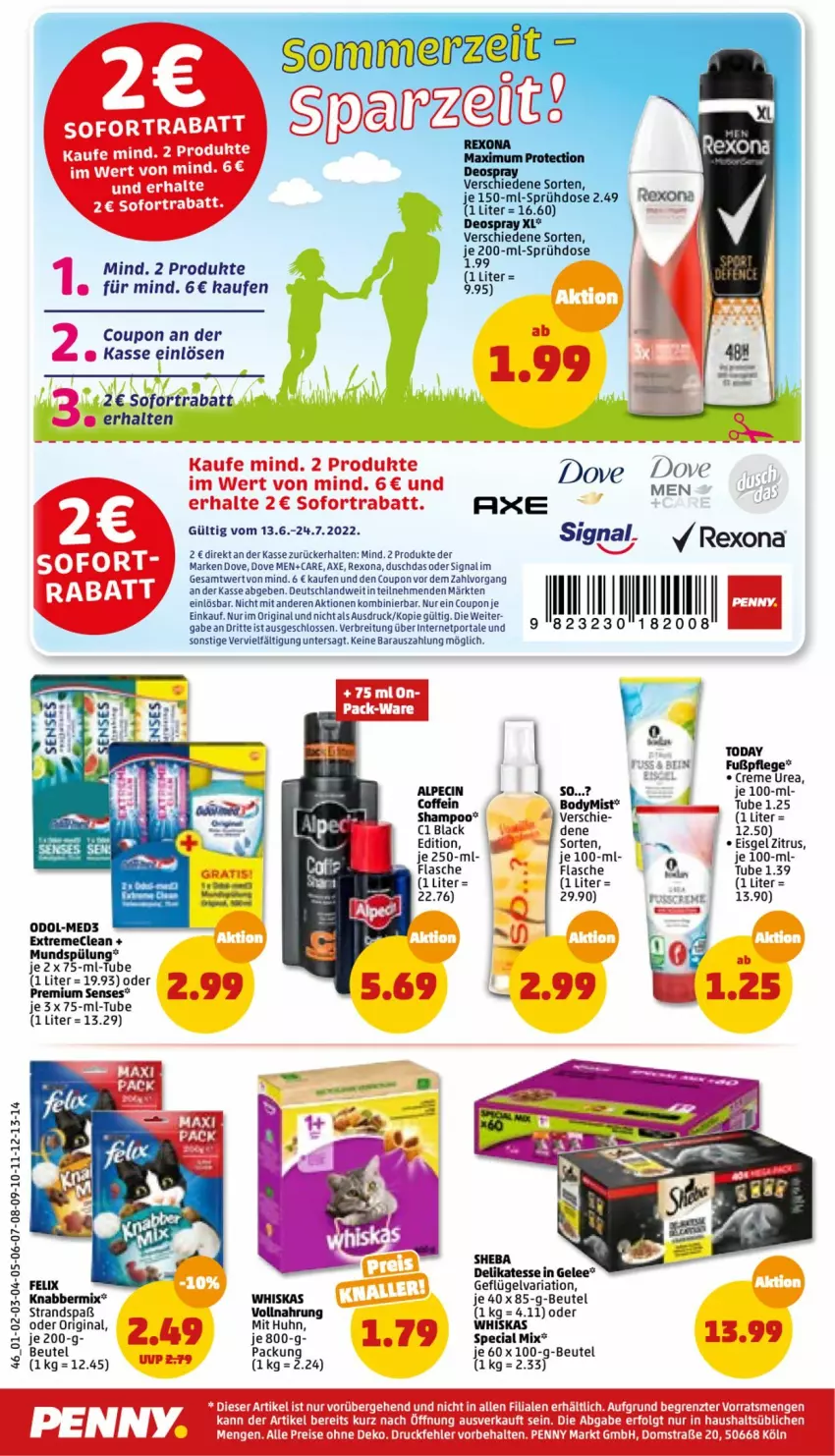 Aktueller Prospekt Penny - Prospekte - von 20.06 bis 25.06.2022 - strona 46 - produkty: alpecin, axe, beutel, body, Brei, cin, coffein, coupon, creme, dove, duschdas, eis, felix, flasche, Geflügel, gelee, gin, lack, mundspülung, Odol, reis, rexona, Ria, shampoo, Signal, spülung, Ti, whiskas, ZTE