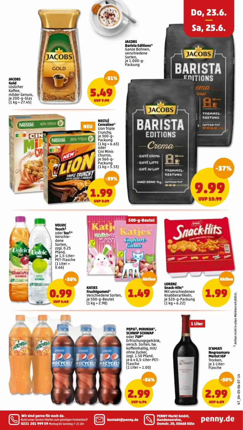 Aktueller Prospekt Penny - Prospekte - von 20.06 bis 25.06.2022 - strona 47 - produkty: 7UP, amaro, beutel, bohne, bohnen, cerealien, cin, erfrischungsgetränk, flasche, frucht, fruchtgummi, getränk, jacobs, Jacobs Gold, kaffee, lion, lorenz, löslicher kaffee, merl, merlot, Mirinda, nuss, pepsi, pet-flasche, rind, Schwip Schwap, snack, tee, Ti, volvic, zucker