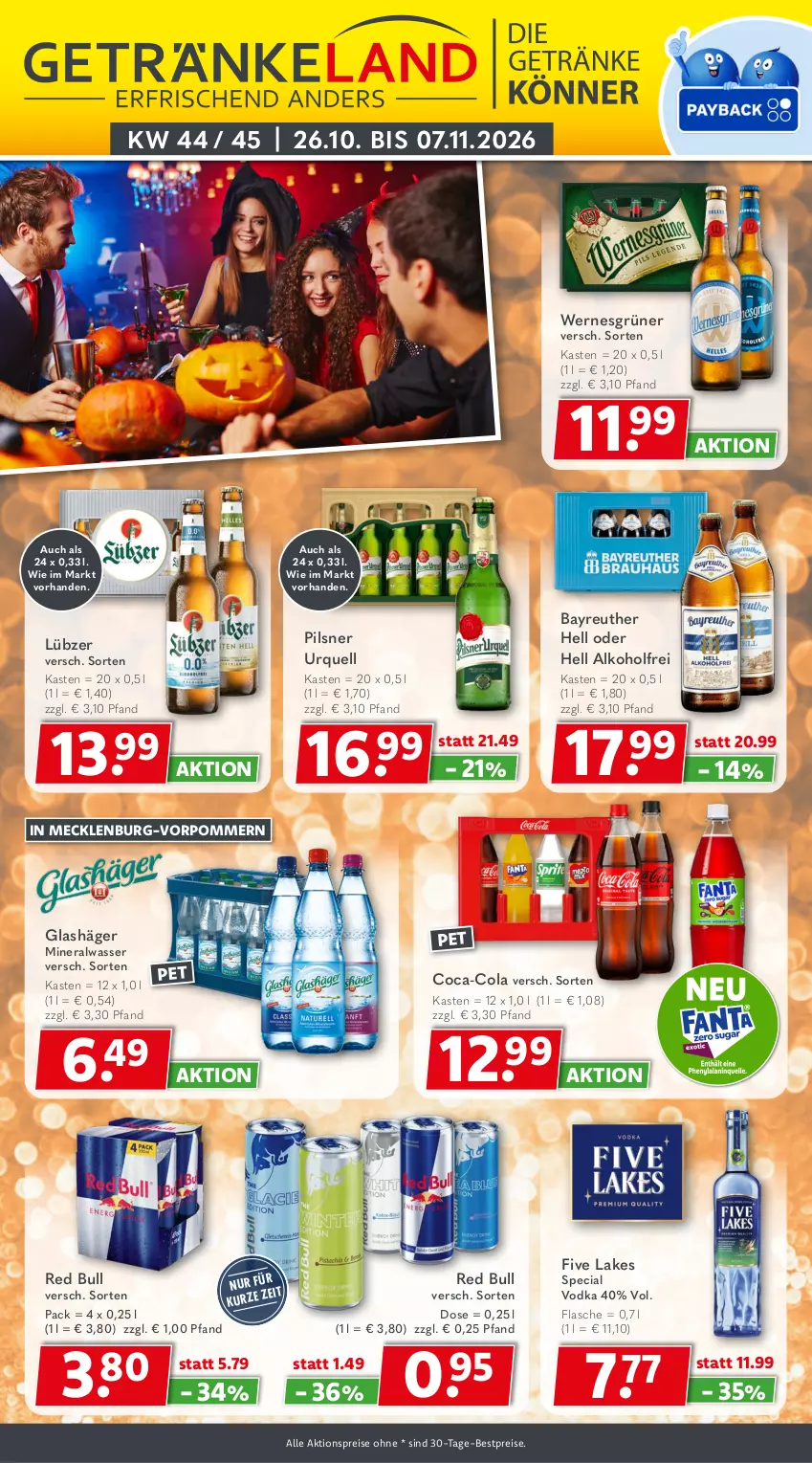 Aktueller Prospekt Getraenkeland - von 26.10 bis 07.11.2026 - strona 1 - produkty: aktionspreis, alkohol, Alwa, bestpreis, bestpreise, coca-cola, cola, eis, flasche, Lübzer, mineralwasser, pils, pilsner, pilsner urquell, red bull, reis, Ti, vodka, wasser