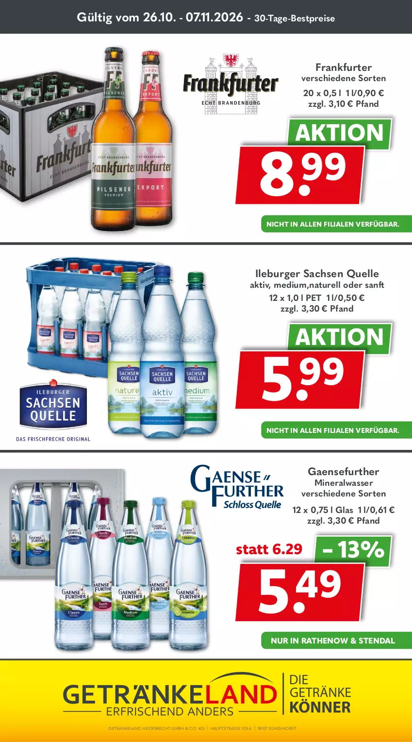 Aktueller Prospekt Getraenkeland - von 26.10 bis 07.11.2026 - strona 7 - produkty: Alwa, bestpreis, bestpreise, burger, eis, Elan, elle, frankfurter, getränk, getränke, mineralwasser, natur, reis, rel, sac, Ti, wasser