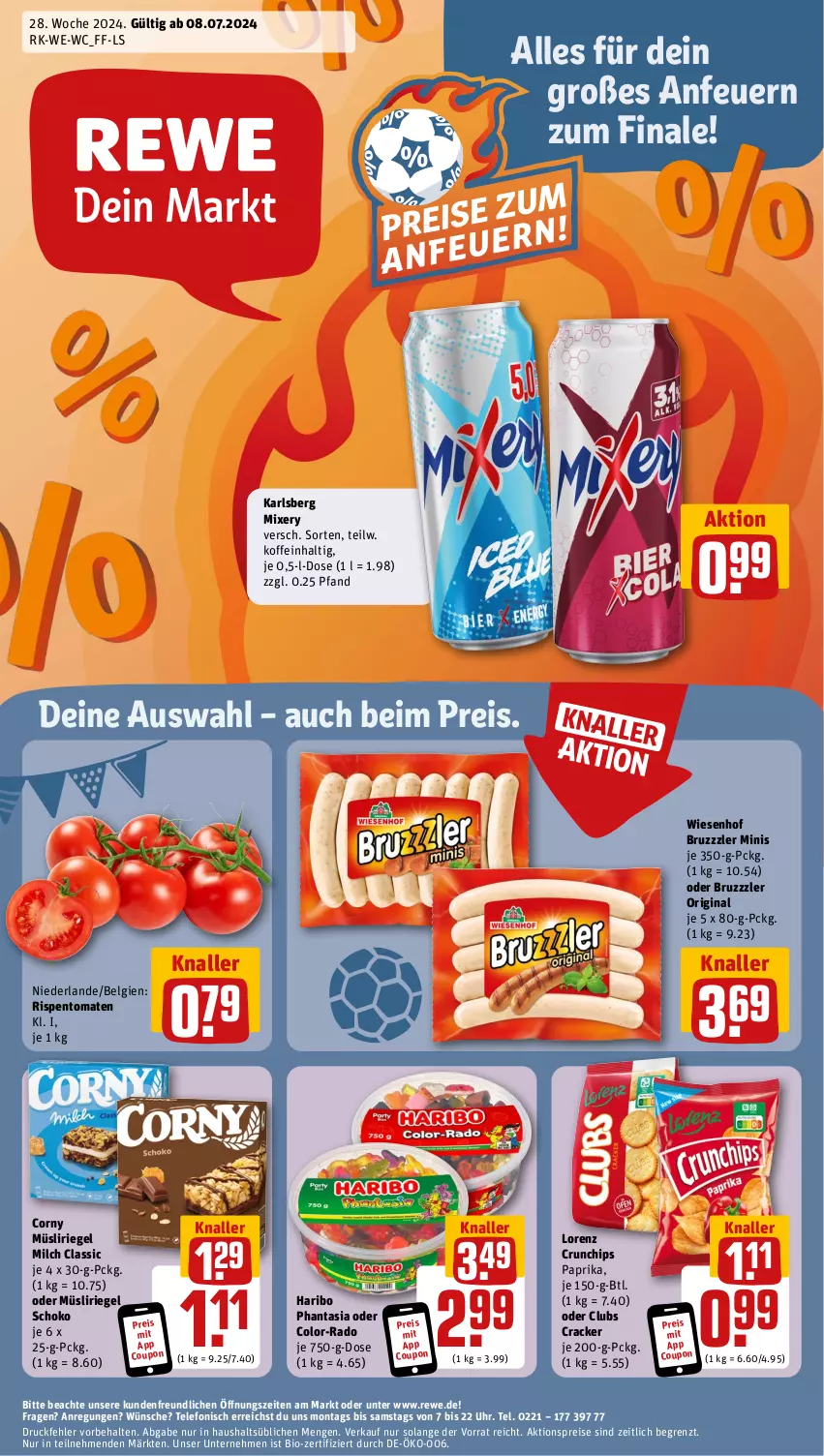 Aktueller Prospekt Rewe - Prospekte - von 08.07 bis 13.07.2024 - strona 1 - produkty: aktionspreis, bio, bruzzzler, chips, corny, coupon, cracker, crunchips, eis, gin, haribo, karlsberg, karlsberg mixery, LG, lorenz, lorenz crunchips, milch, Mixer, mixery, müsli, Müsliriegel, paprika, reis, riegel, rispentomaten, schoko, telefon, Ti, tomate, tomaten, uhr, wiesenhof