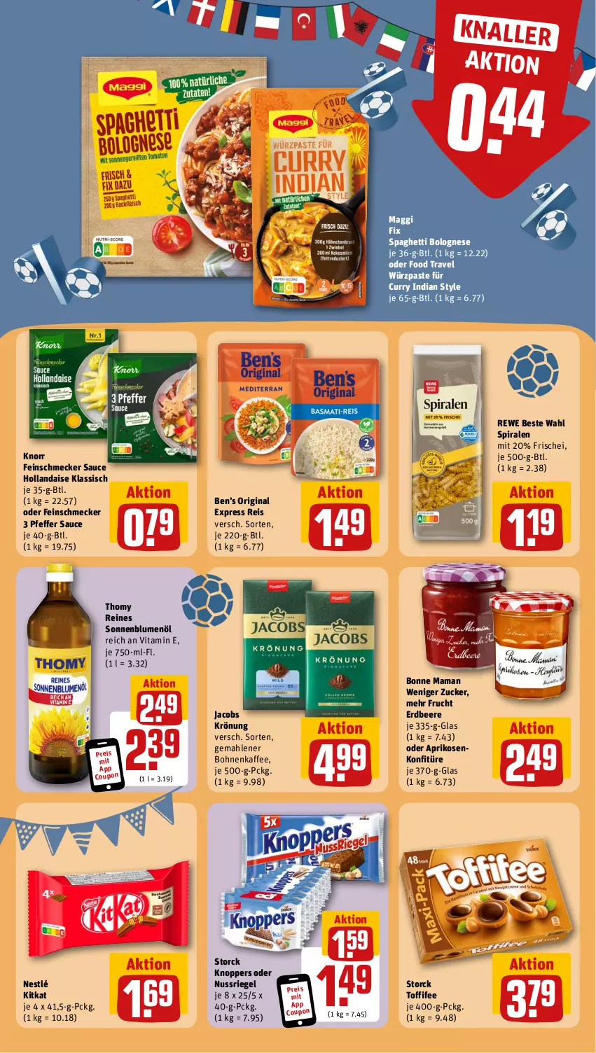 Aktueller Prospekt Rewe - Prospekte - von 08.07 bis 13.07.2024 - strona 11 - produkty: aprikose, aprikosen, beere, Ben’s Original, blume, blumen, blumenöl, bohne, bohnen, bohnenkaffee, bolognese, bonne maman, coupon, curry, eis, erdbeere, feinschmecker, frucht, gemahlener bohnenkaffee, gin, hollandaise, jacobs, jacobs krönung, kaffee, kitkat, knoppers, knorr, konfitüre, maggi, maggi fix, mam, nestlé, nuss, nussriegel, pfeffer, reis, rewe beste wahl, riegel, sauce, sauce hollandaise, sonnenblume, sonnenblumen, sonnenblumenöl, spaghetti, spaghetti bolognese, storck, thomy, Ti, toffifee, vita, zucker