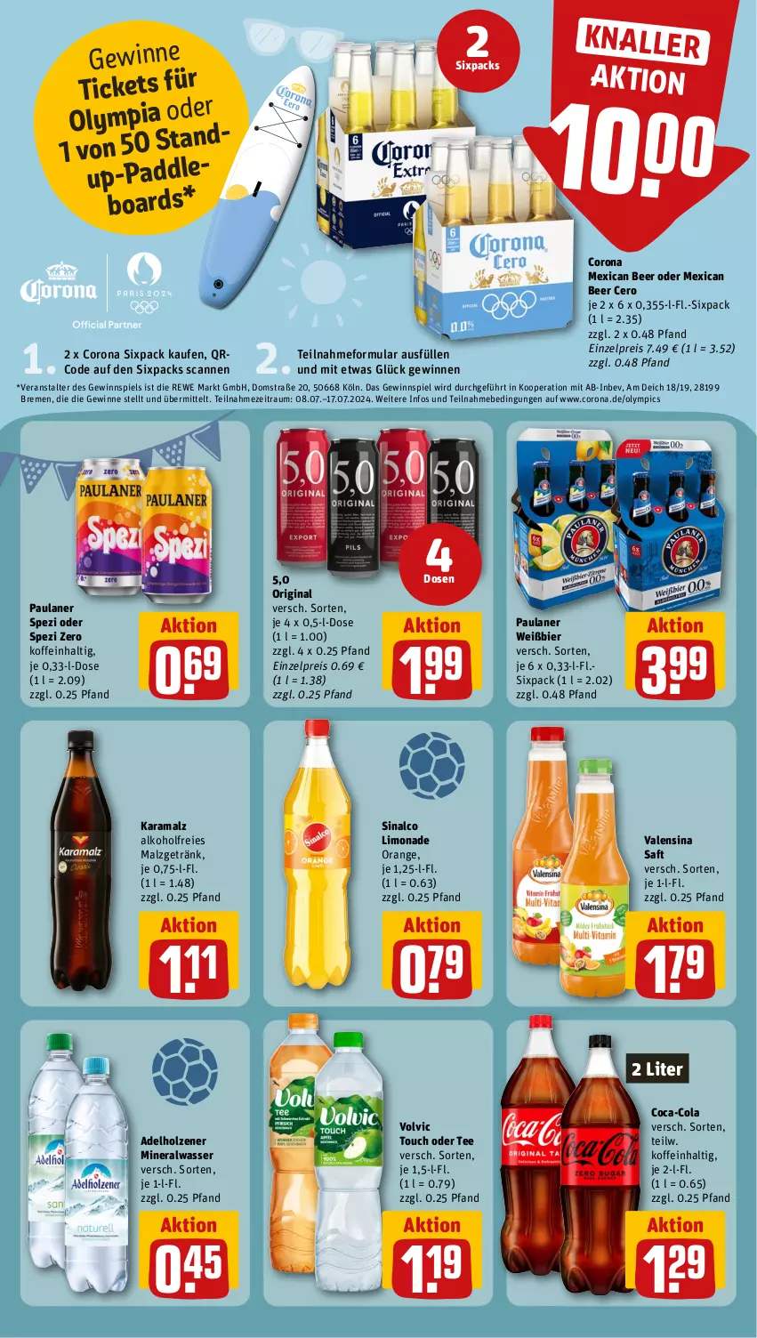 Aktueller Prospekt Rewe - Prospekte - von 08.07 bis 13.07.2024 - strona 12 - produkty: adelholzener, alkohol, Alwa, bier, coca-cola, cola, corona, eis, getränk, gewinnspiel, gin, Holz, karamalz, limo, limonade, malz, mineralwasser, orange, Paula, paulaner, rama, reis, saft, sinalco, Spezi, tee, Ti, valensina, volvic, wasser