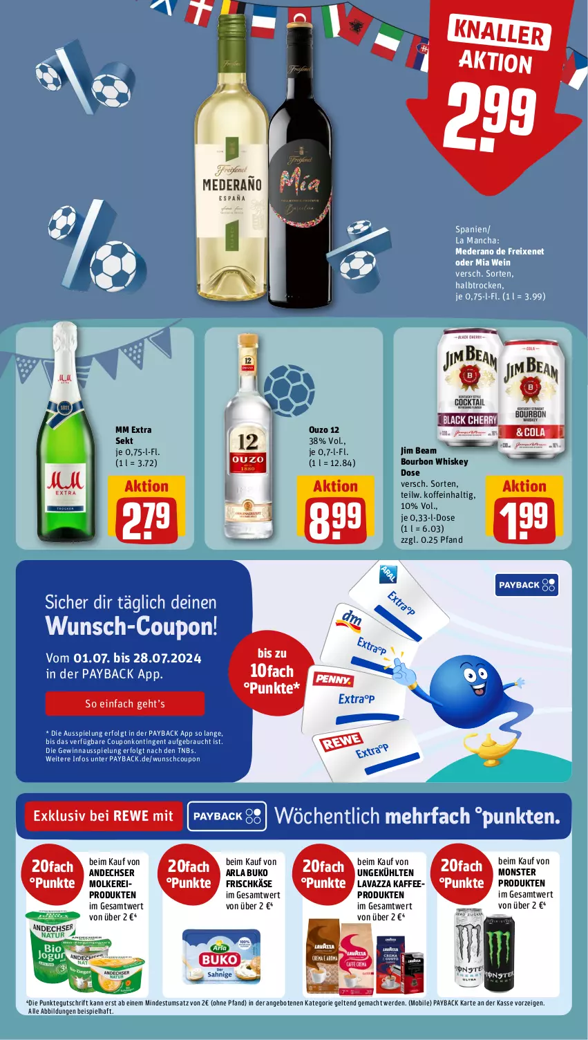 Aktueller Prospekt Rewe - Prospekte - von 08.07 bis 13.07.2024 - strona 13 - produkty: angebot, angebote, arla, arla buko, bourbon, bourbon whiskey, Buko, coupon, eis, erde, freixenet, frischkäse, jim beam, kaffee, Käse, lavazza, LG, mac, mm extra, monster, ouzo, ouzo 12, payback, Rauch, sekt, Ti, wein, whiskey