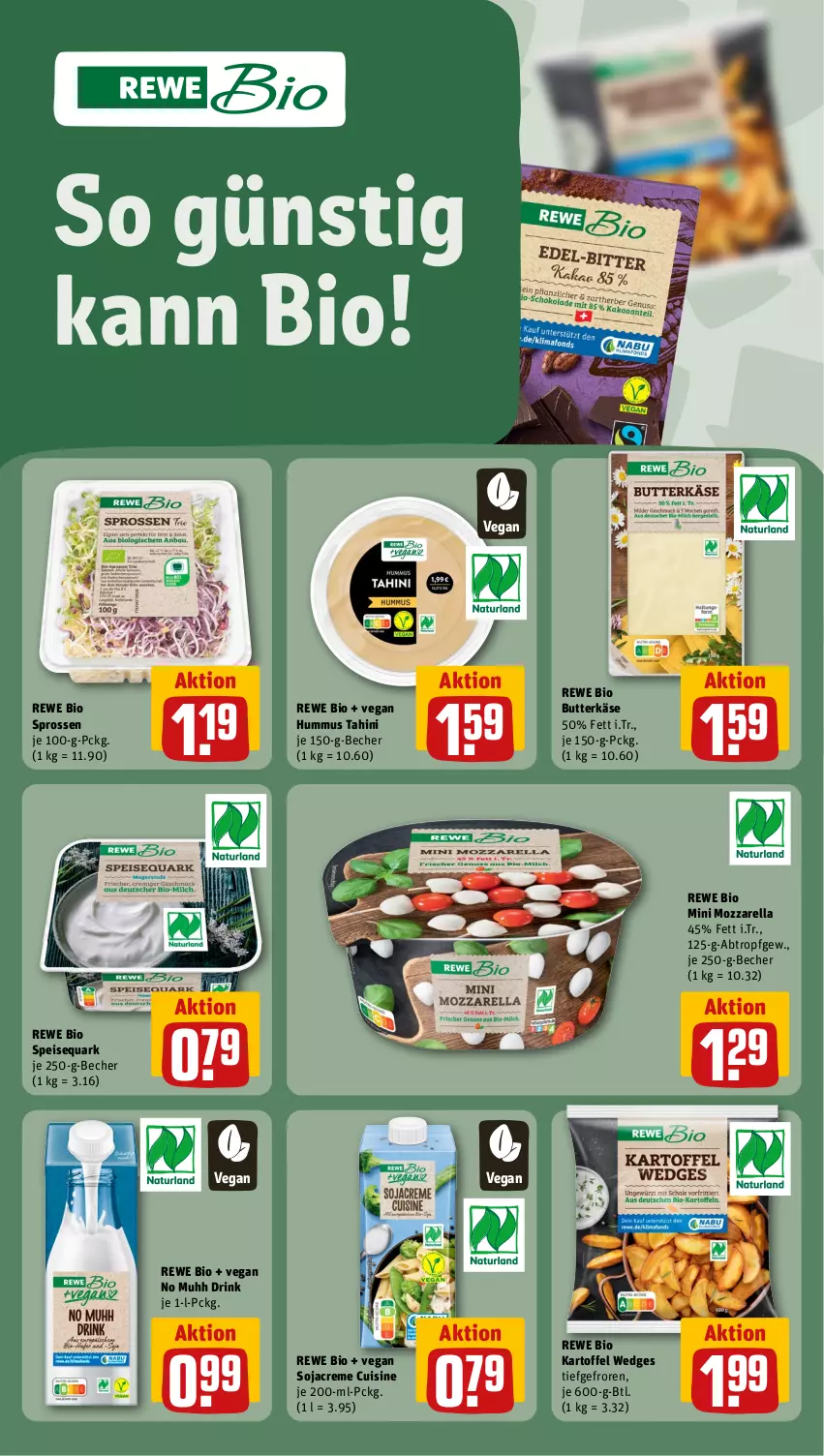 Aktueller Prospekt Rewe - Prospekte - von 08.07 bis 13.07.2024 - strona 14 - produkty: Becher, bio, butter, butterkäse, creme, drink, eis, hummus, kartoffel, Käse, mozzarella, quark, rel, rewe bio, soja, speisequark, Ti, wedges