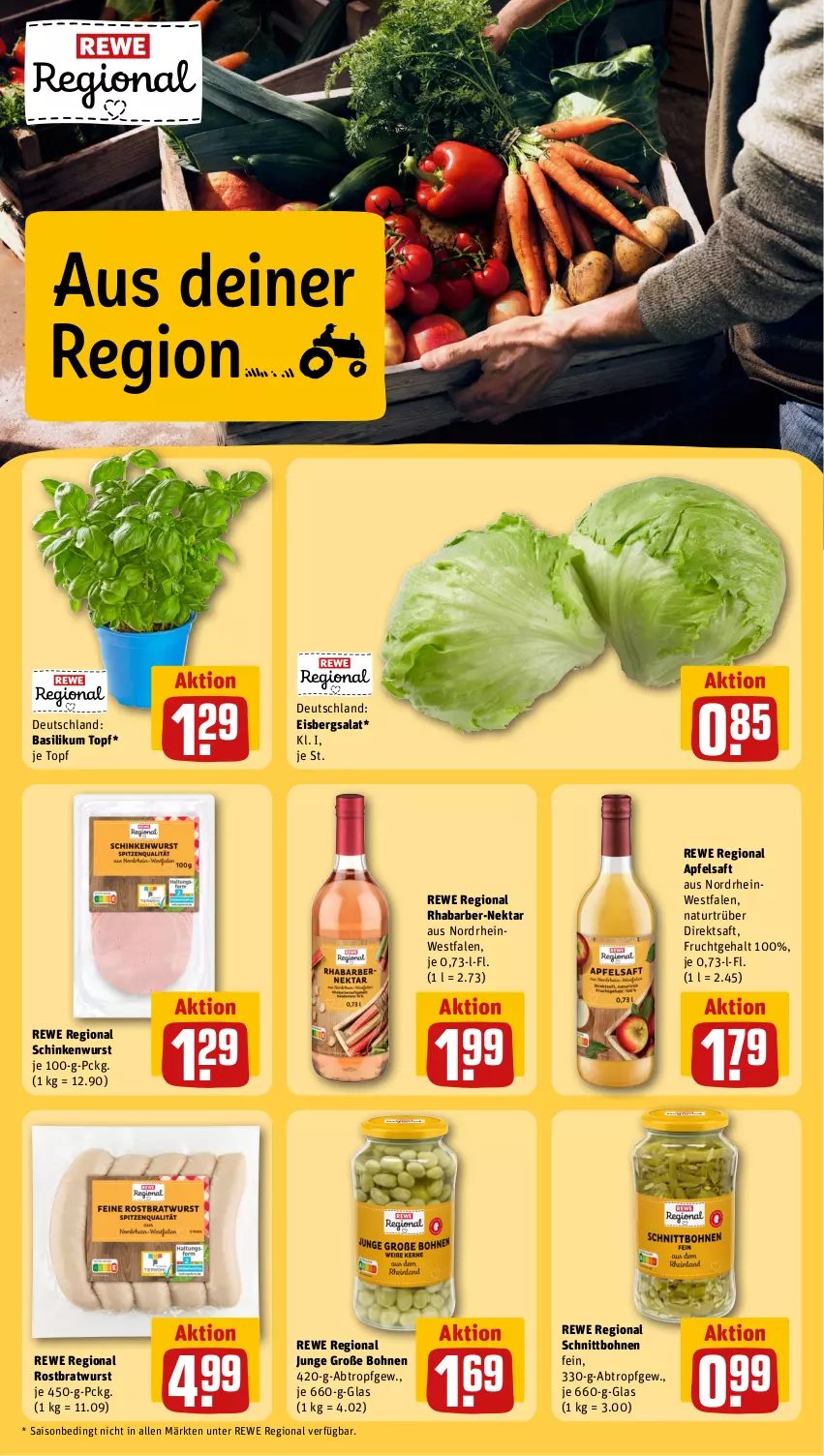 Aktueller Prospekt Rewe - Prospekte - von 08.07 bis 13.07.2024 - strona 16 - produkty: apfel, apfelsaft, basilikum, bohne, bohnen, bratwurst, direktsaft, eis, eisbergsalat, frucht, natur, Nektar, rhabarber, rostbratwurst, saft, salat, schinken, schinkenwurst, Ti, topf, wurst