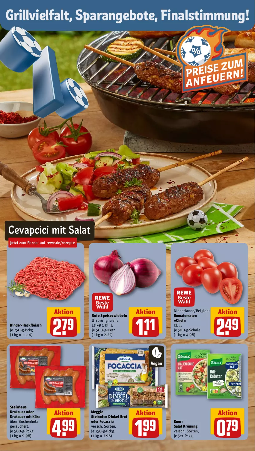 Aktueller Prospekt Rewe - Prospekte - von 08.07 bis 13.07.2024 - strona 4 - produkty: ACC, angebot, angebote, auer, brot, buch, cevapcici, eis, fleisch, Focaccia, grill, hackfleisch, Holz, Käse, knorr, krakauer, LG, meggle, Ofen, rezept, rezepte, rind, rinder, rinder-hackfleisch, Romatomaten, salat, Schal, Schale, Speisezwiebeln, steinhaus, steinofen, Ti, tomate, tomaten, zwiebel, zwiebeln