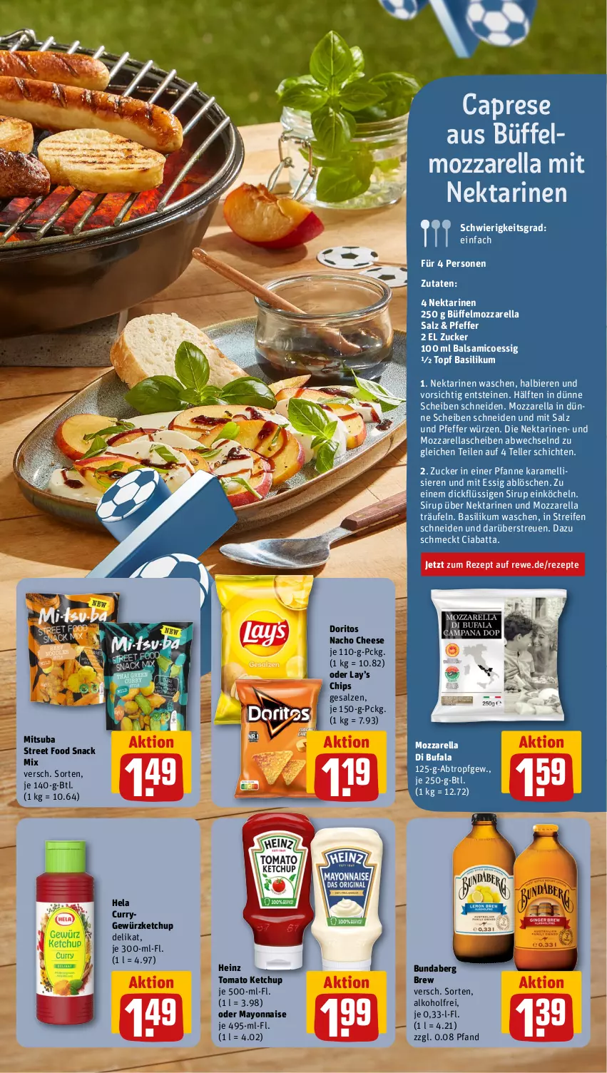 Aktueller Prospekt Rewe - Prospekte - von 08.07 bis 13.07.2024 - strona 5 - produkty: alkohol, balsam, balsamico, basilikum, bier, Biere, Bundaberg, Cap, chips, ciabatta, curry, di bufala, Doritos, elle, essig, gewürz, gewürzketchup, heinz, Hela, karamell, ketchup, mayonnaise, mozzarella, nacho, nacho cheese, Nektar, nektarinen, pfanne, pfeffer, reifen, rel, rezept, rezepte, salz, sirup, snack, teller, Ti, tomato ketchup, topf, Yo, zucker