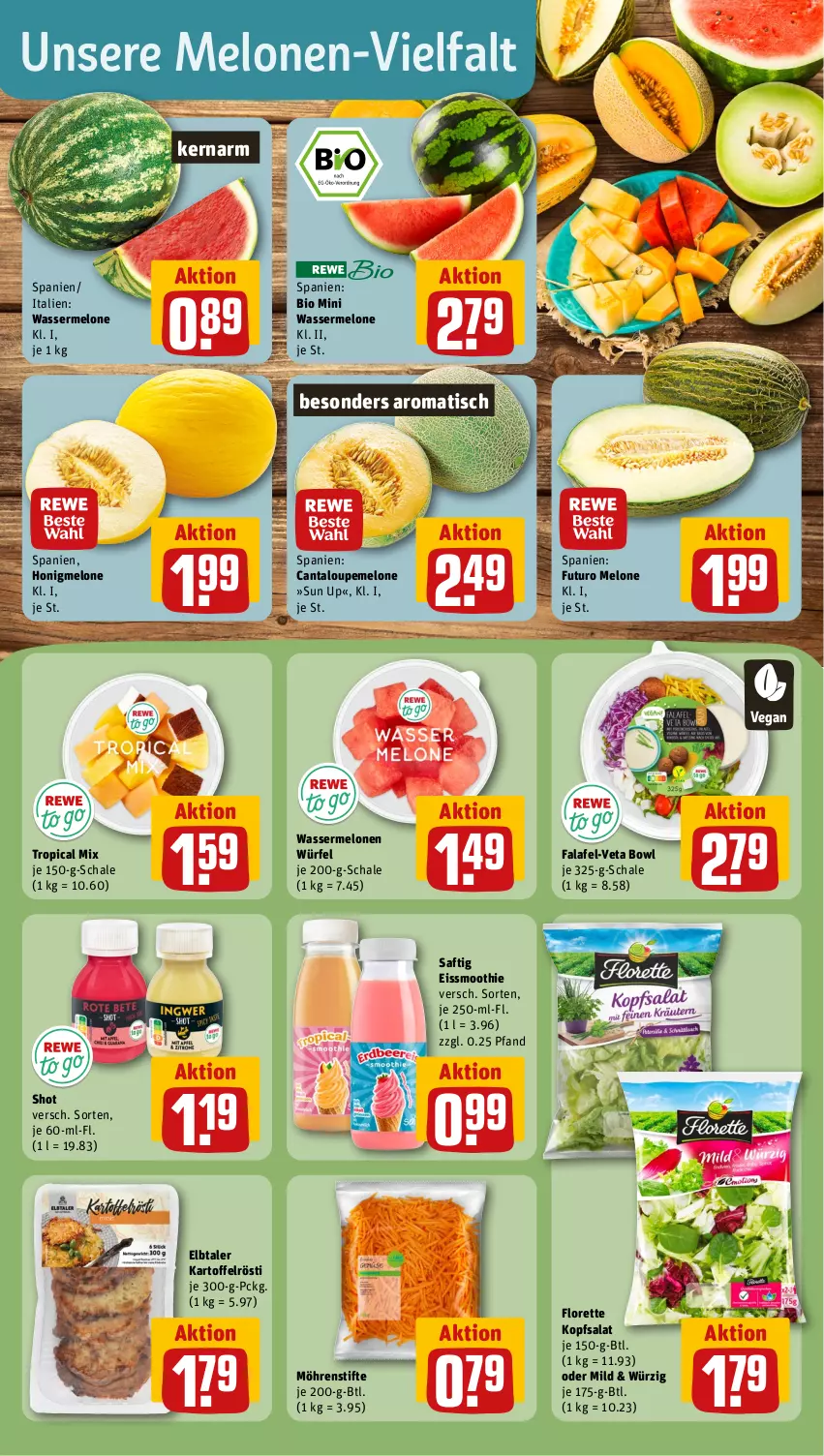 Aktueller Prospekt Rewe - Prospekte - von 08.07 bis 13.07.2024 - strona 6 - produkty: bio, eis, Falafel, florette, honig, honigmelone, kartoffel, kopfsalat, melone, melonen, möhren, saft, salat, Schal, Schale, smoothie, stifte, Ti, tisch, wasser, wassermelone, wassermelonen, würfel