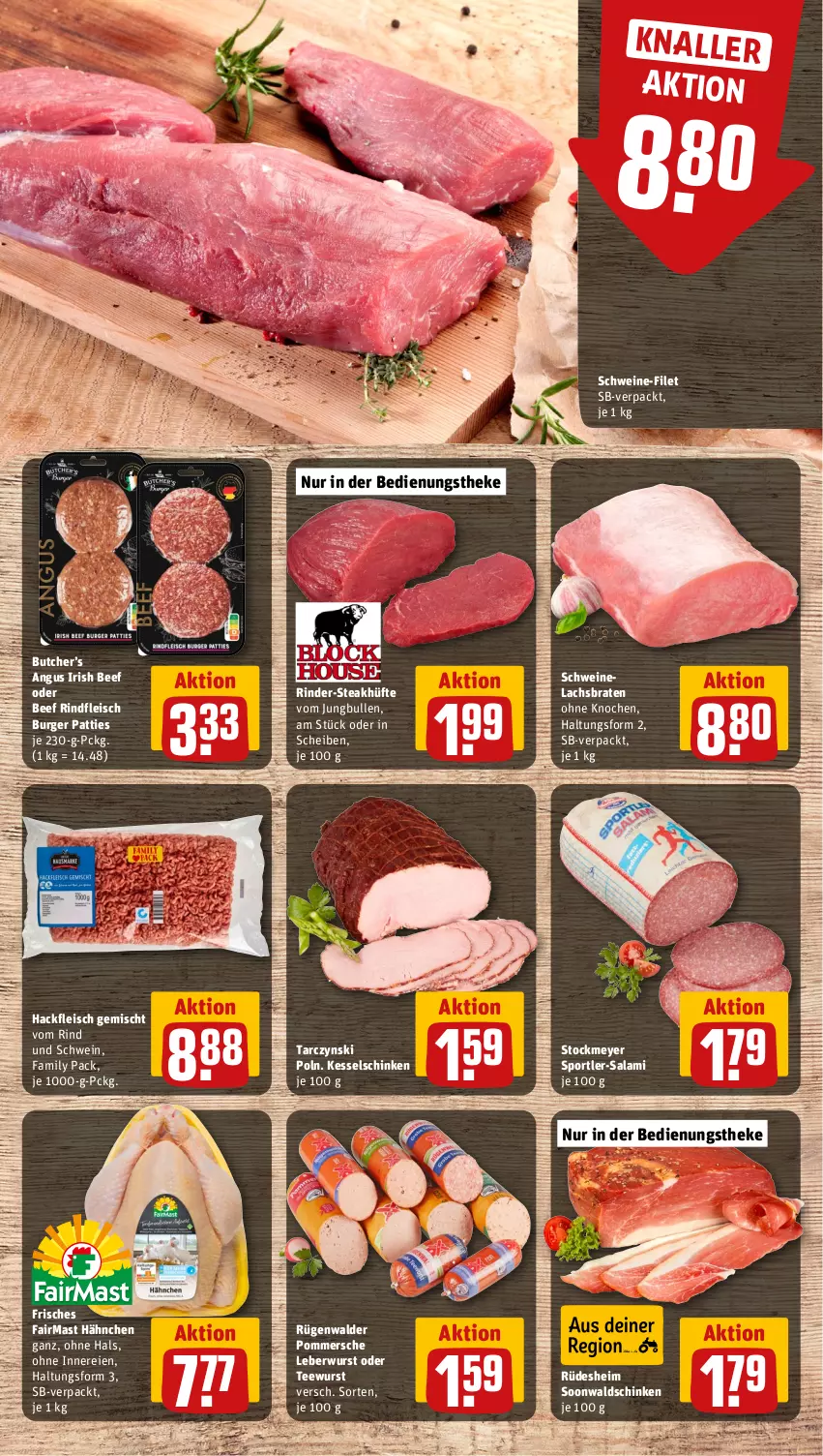 Aktueller Prospekt Rewe - Prospekte - von 08.07 bis 13.07.2024 - strona 8 - produkty: beef, braten, burger, eis, filet, fleisch, hackfleisch, hackfleisch gemischt, jungbullen, lachs, Lachsbraten, leberwurst, Pommersche, rind, rinder, rindfleisch, rügenwalder, salami, schinken, schwein, schweine, schweine-filet, Schweinelachs, Sport, steak, steakhüfte, stockmeyer, tee, teewurst, Ti, wein, weine, wurst