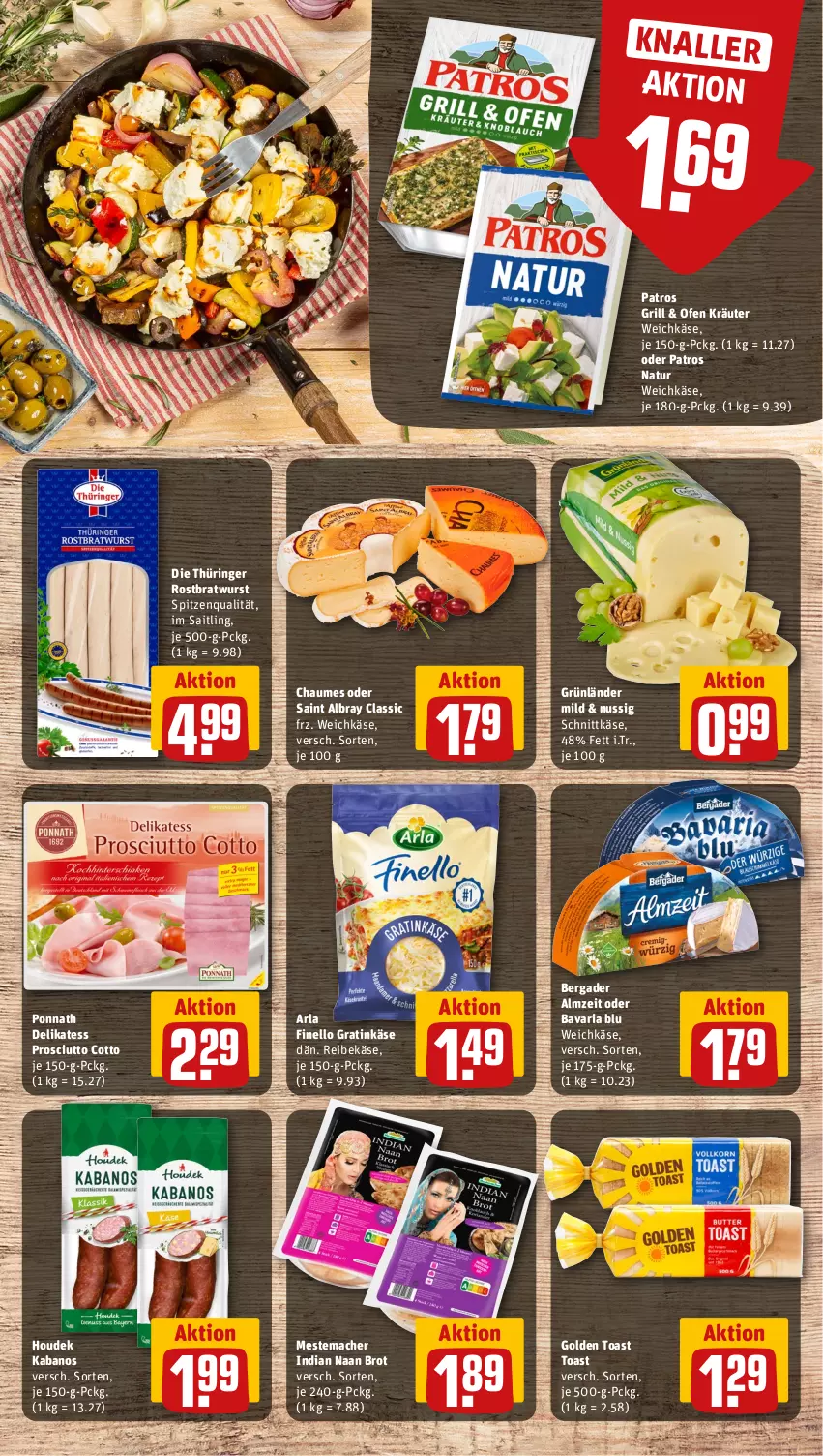 Aktueller Prospekt Rewe - Prospekte - von 08.07 bis 13.07.2024 - strona 9 - produkty: albray, arla, bavaria blu, bergader, bratwurst, brot, chaumes, finello, golden toast, grill, grünländer, houdek, kabanos, Käse, kräuter, mac, mestemacher, natur, nuss, Ofen, patros, ponnath, prosciutto, prosciutto cotto, Reibekäse, Ria, ring, rostbratwurst, saint albray, schnittkäse, spitzenqualität, thüringer rostbratwurst, Ti, toast, weichkäse, wurst