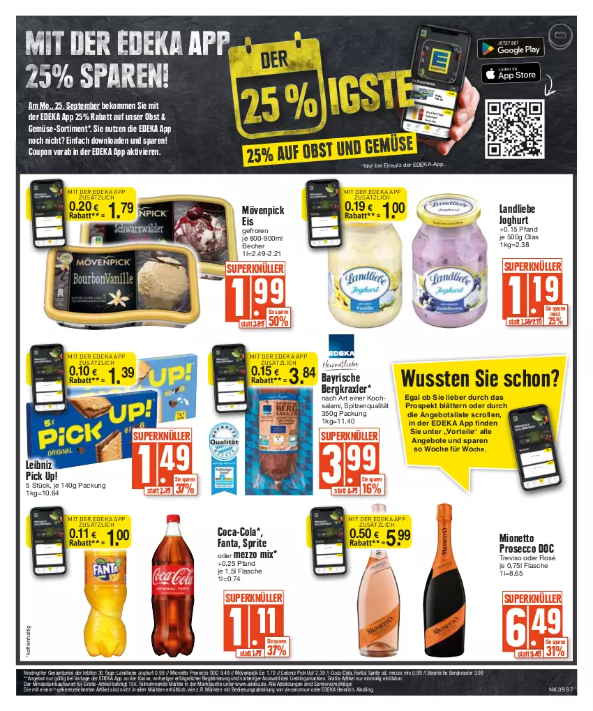 Aktueller Prospekt Edeka - Angebote der Woche - von 25.09 bis 30.09.2023 - strona 7 - produkty: Abtei, angebot, angebote, Becher, beko, coca-cola, cola, coupon, deka, ecco, eis, fanta, flasche, joghur, joghurt, landliebe, landliebe joghurt, leibniz, LG, Mezzo Mix, mionetto, mövenpick, mövenpick eis, nuss, obst, Pick Up!, prosecco, reis, salami, spitzenqualität, sprite, Ti, ZTE