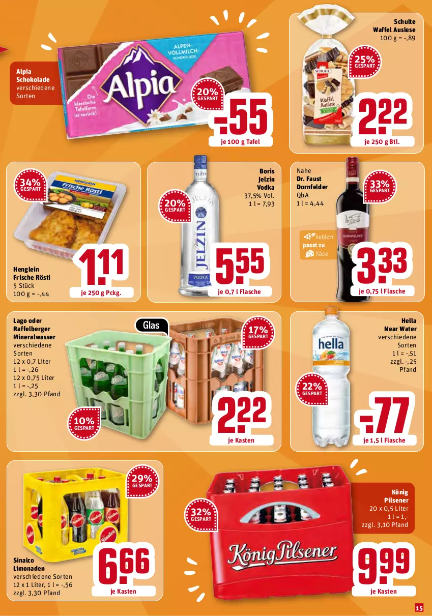 Aktueller Prospekt Rewe - Diese Woche im Angebot! - von 03.01 bis 08.01.2022 - strona 15 - produkty: alpia, Alwa, aust, Berger, Boris Jelzin, dornfelder, flasche, hella, henglein, jelzin, Käse, könig pilsener, limo, limonade, limonaden, mineralwasser, pils, pilsener, schoko, schokolade, sinalco, Ti, vodka, wasser