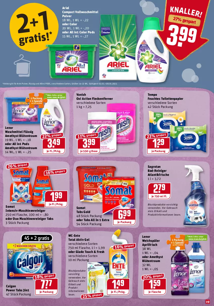 Aktueller Prospekt Rewe - Diese Woche im Angebot! - von 03.01 bis 08.01.2022 - strona 19 - produkty: aktiv gel, ariel, Bad, Bad-Reiniger, bio, biozidprodukte, Blüte, calgon, ente, feuchtes toilettenpapier, flasche, fleckentferner, Glade, lenor, lenor waschmittel, lenor weichspüler, LG, maschinenreiniger, oxi action, papier, Pods, pril, Rauch, reiniger, rwe, sagrotan, somat, Tempo, Ti, toilettenpapier, vanish, vanish oxi action, vollwaschmittel, waschmittel, weichspüler