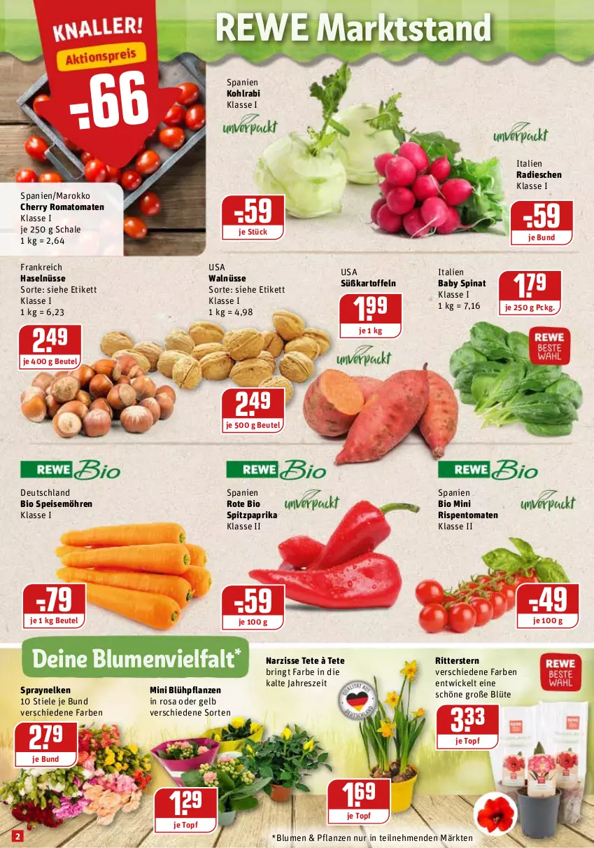 Aktueller Prospekt Rewe - Diese Woche im Angebot! - von 03.01 bis 08.01.2022 - strona 2 - produkty: beutel, bio, blume, blumen, Blüte, eis, HP, kartoffel, kartoffeln, kohlrabi, möhren, paprika, pflanze, pflanzen, radieschen, ring, rispentomaten, ritter, Romatomaten, Schal, Schale, speisemöhren, spinat, Spitzpaprika, Süßkartoffeln, Ti, tomate, tomaten, topf, WICK