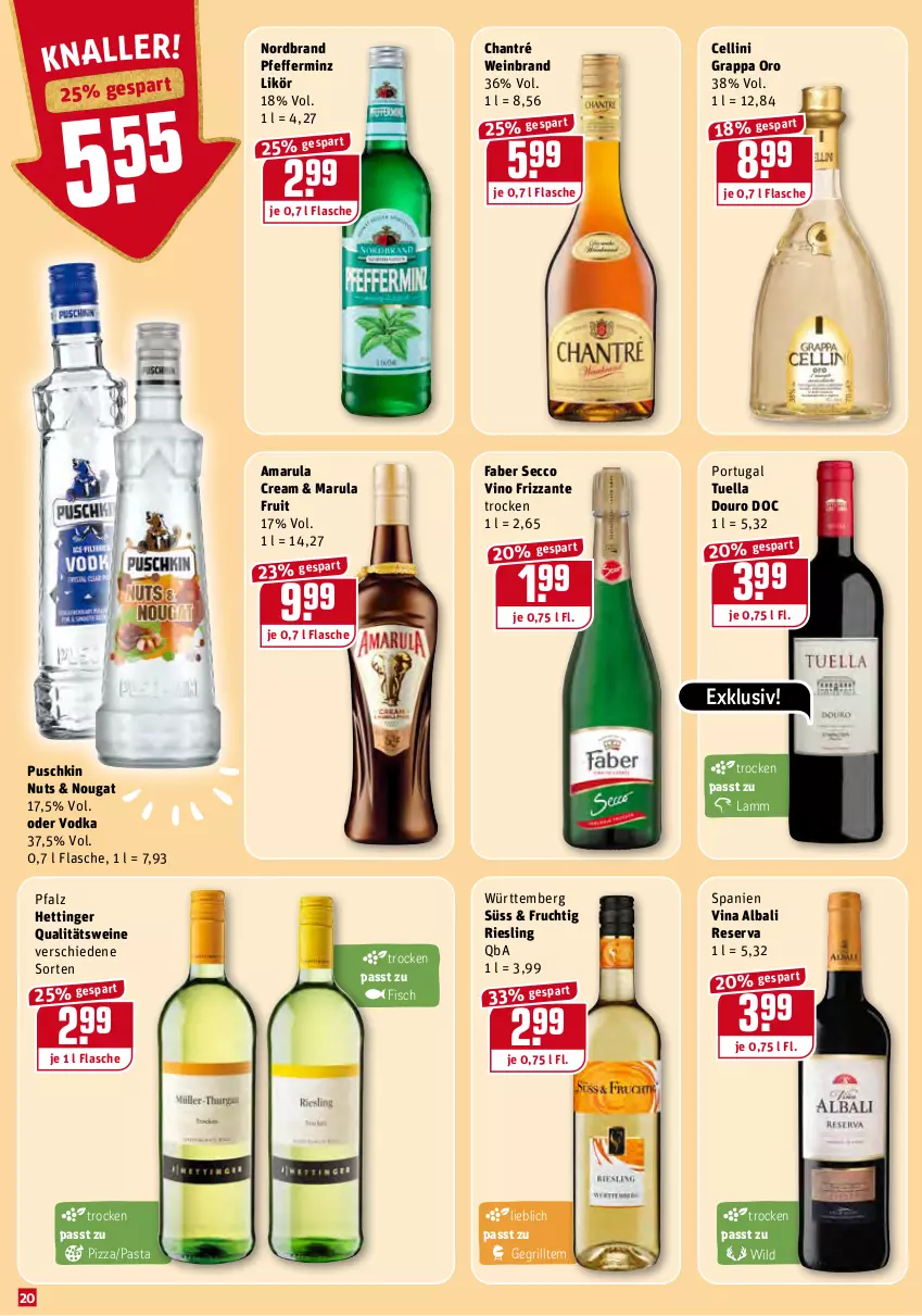 Aktueller Prospekt Rewe - Diese Woche im Angebot! - von 03.01 bis 08.01.2022 - strona 20 - produkty: amarula, chantré, ecco, fisch, flasche, frizzante, frucht, grappa, grill, lamm, likör, nordbrand, pasta, pfeffer, pizza, qualitätswein, qualitätsweine, riesling, Ti, vodka, wein, weinbrand, weine, Wild