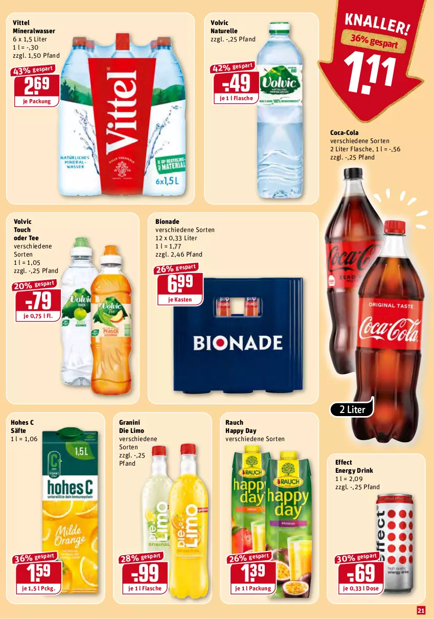 Aktueller Prospekt Rewe - Diese Woche im Angebot! - von 03.01 bis 08.01.2022 - strona 21 - produkty: Alwa, bio, bionade, coca-cola, cola, drink, Effect, elle, energy drink, flasche, granini, granini die limo, Happy Day, Hohes C, limo, mineralwasser, natur, Rauch, rel, säfte, tee, vittel, volvic, wasser