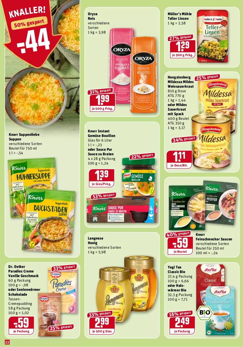 Aktueller Prospekt Rewe - Diese Woche im Angebot! - von 03.01 bis 08.01.2022 - strona 22 - produkty: auer, beutel, bio, braten, creme, Dr. Oetker, eis, elle, feinschmecker, hengstenberg, honig, knorr, Kraut, langnese, linsen, mac, Müller, oryza, Paradies Creme, pudding, reis, sauce, saucen, Sauerkraut, schoko, schokolade, Speck, suppe, suppen, suppenliebe, tasse, teller, vanille, wein, Weinsauerkraut, Yo