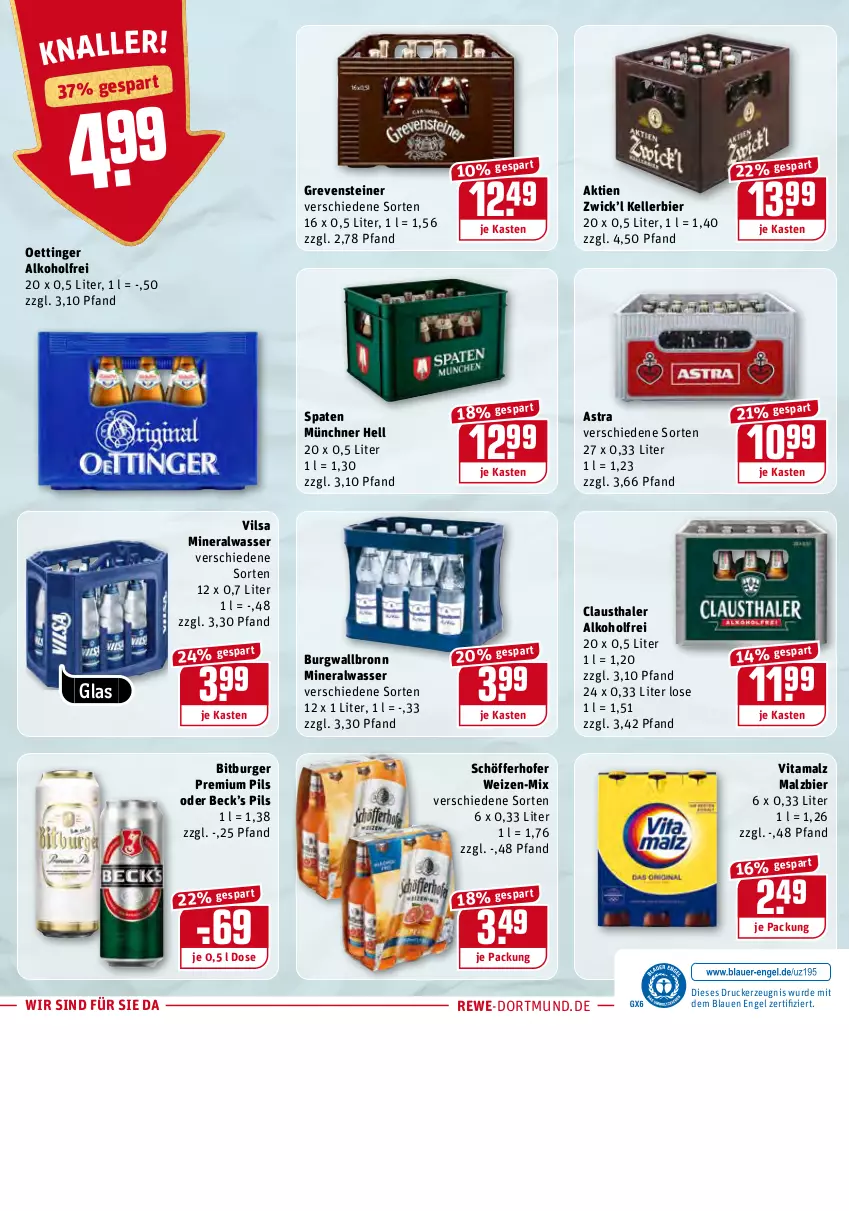 Aktueller Prospekt Rewe - Diese Woche im Angebot! - von 03.01 bis 08.01.2022 - strona 24 - produkty: alkohol, Alwa, Astra, aust, bier, bitburger, burger, burgwallbronn, clausthaler, drucker, elle, Engel, grevensteiner, kellerbier, kerze, malz, mineralwasser, oettinger, pils, premium pils, schöfferhofer, Spaten, steiner, Ti, vilsa, vita, vitamalz, wasser, WICK