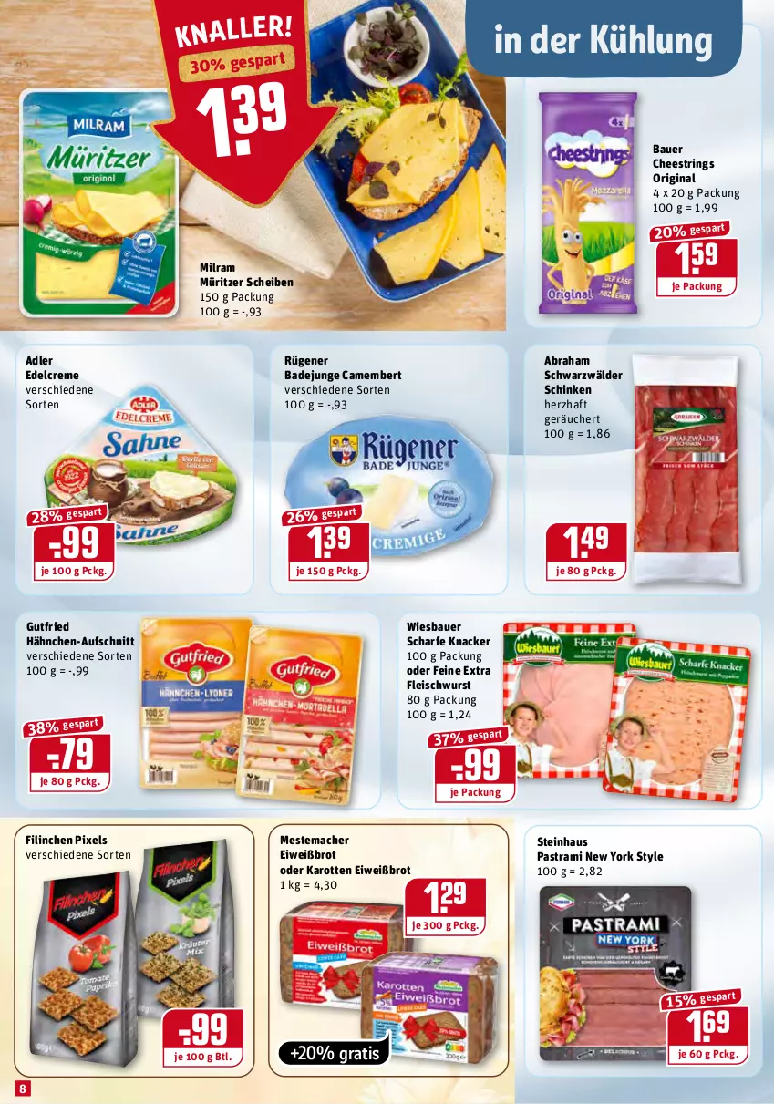 Aktueller Prospekt Rewe - Diese Woche im Angebot! - von 03.01 bis 08.01.2022 - strona 8 - produkty: Astra, auer, aufschnitt, Bad, Bau, Bauer, brot, camembert, creme, edelcreme, eis, Eiweißbrot, fleisch, fleischwurst, gin, gutfried, karotten, knacker, mac, mestemacher, milram, pastrami, ring, Rügener, rügener badejunge, schinken, schwarzwälder schinken, steinhaus, String, Ti, wiesbauer, wurst, Yo