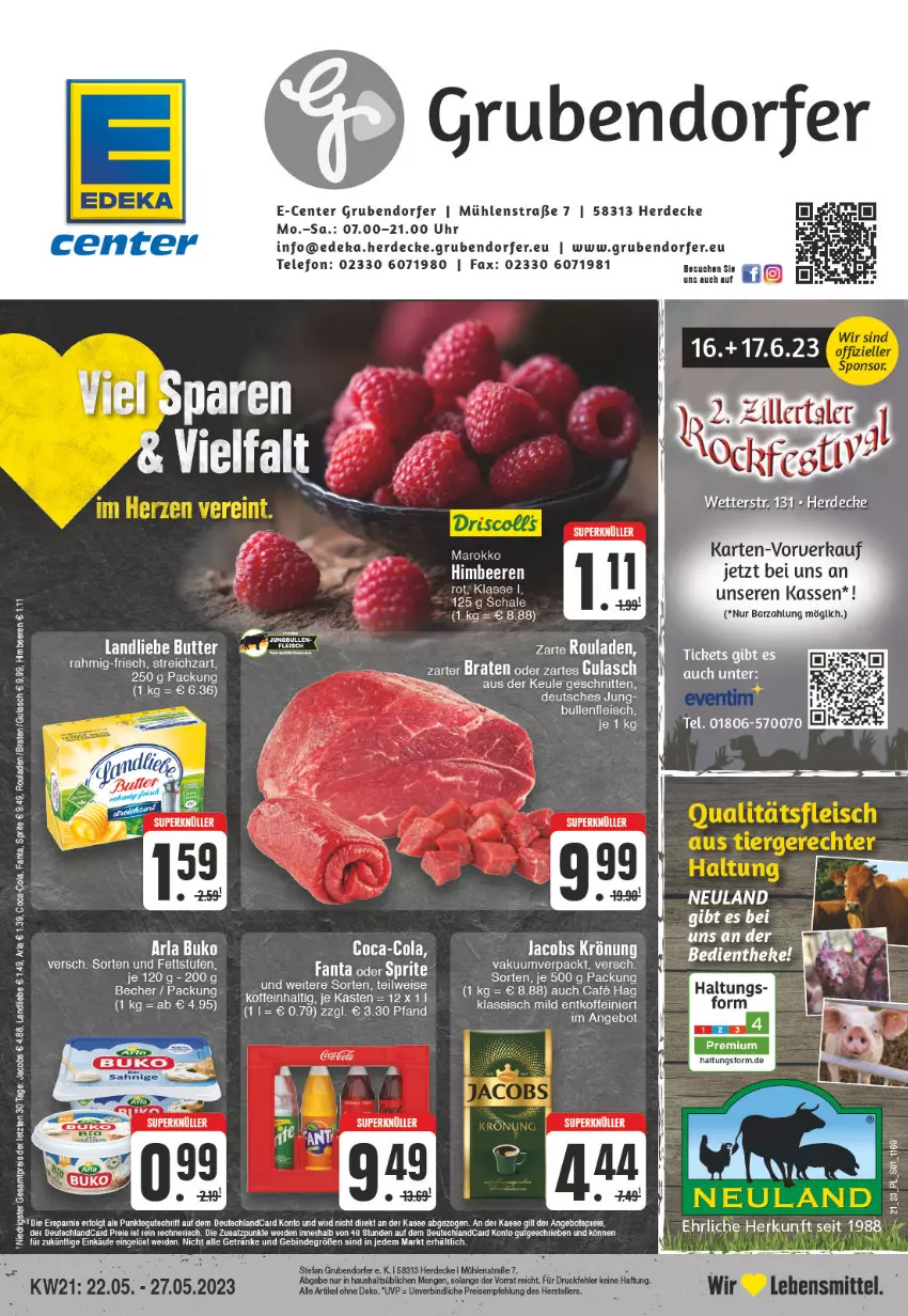 Aktueller Prospekt E Center - Angebote der Woche - von 22.05 bis 27.05.2023 - strona 1 - produkty: angebot, angebote, arla, arla buko, Becher, beere, beeren, braten, Buko, butter, coca-cola, cola, decke, deka, deutschlandcard, eis, elle, ente, erde, fanta, fleisch, getränk, getränke, gulasch, himbeer, himbeere, himbeeren, jacobs, landliebe, LG, reis, rouladen, schnitten, sprite, Streichzart, tee, telefon, teller, Ti, uhr, ZTE