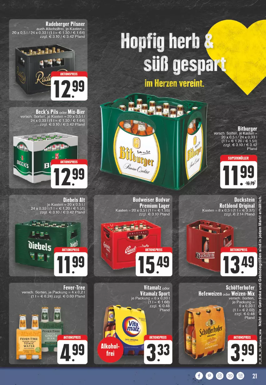 Aktueller Prospekt E Center - Angebote der Woche - von 22.05 bis 27.05.2023 - strona 21 - produkty: alkohol, auer, Berger, bitburger, budweiser, burger, diebels, eis, fever-tree, gin, Hefe, hefeweizen, malz, pils, pilsner, radeberger, radeberger pilsner, schöfferhofer, Sport, tonic, tonic water, vita, vitamalz