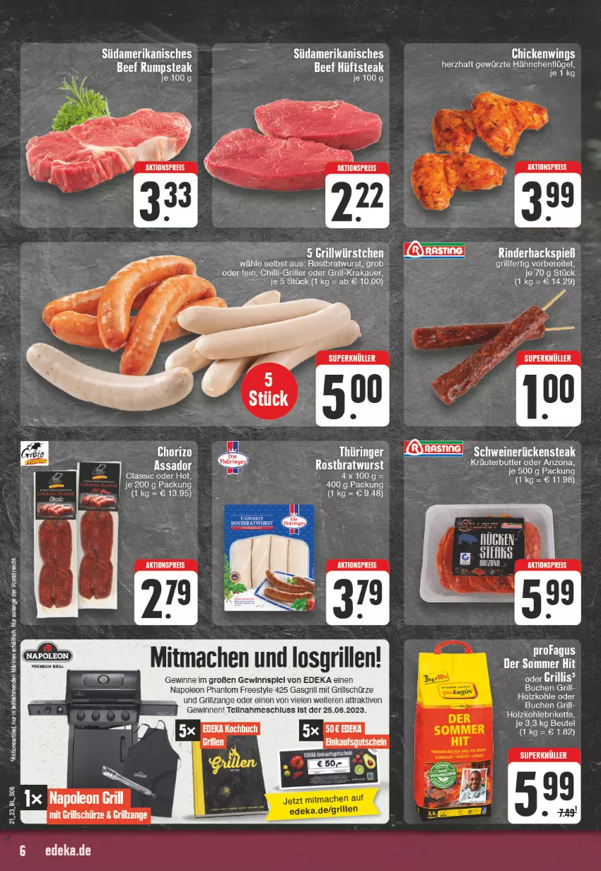 Aktueller Prospekt E Center - Angebote der Woche - von 22.05 bis 27.05.2023 - strona 6 - produkty: aeg, aktionspreis, asti, auer, beef, beutel, bratwurst, buch, butter, deka, eis, elle, gasgrill, gewinnspiel, gewürz, grill, grillzange, hähnchenflügel, hüftsteak, krakauer, kräuter, kräuterbutter, mac, reis, rind, rinder, rostbratwurst, Rückensteak, Schürze, schwein, schweine, schweinerücken, steak, tee, Ti, wein, weine, wurst, ZTE