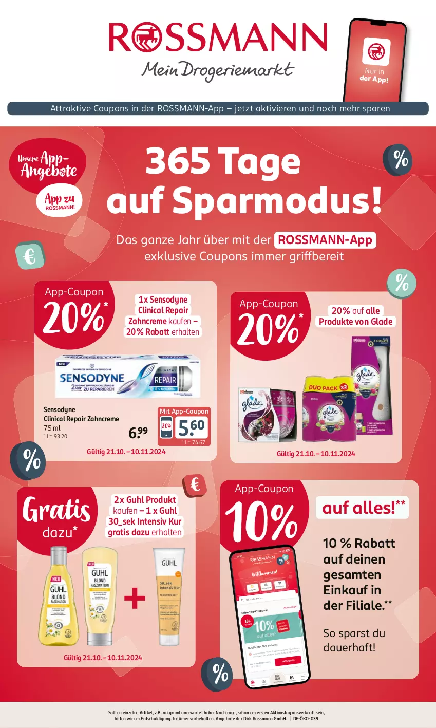 Aktueller Prospekt Rossmann - Prospekte - von 21.10 bis 10.11.2024 - strona 1 - produkty: angebot, angebote, auer, Clin, coupon, coupons, creme, Glade, Guhl, sensodyne, Ti, zahncreme