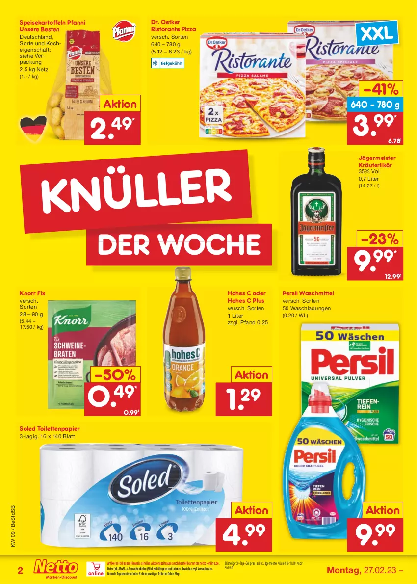 Aktueller Prospekt Netto Marken-Discount - Filial-Angebote - von 27.02 bis 04.03.2023 - strona 2 - produkty: bestpreis, Dr. Oetker, eis, Germ, Hohes C, jägermeister, kartoffel, kartoffeln, knorr, knorr fix, kräuter, kräuterlikör, likör, Meister, ndk, papier, persil, persil waschmittel, pfanni, pizza, reis, ristorante, ristorante pizza, speisekartoffeln, Ti, toilettenpapier, waschmittel