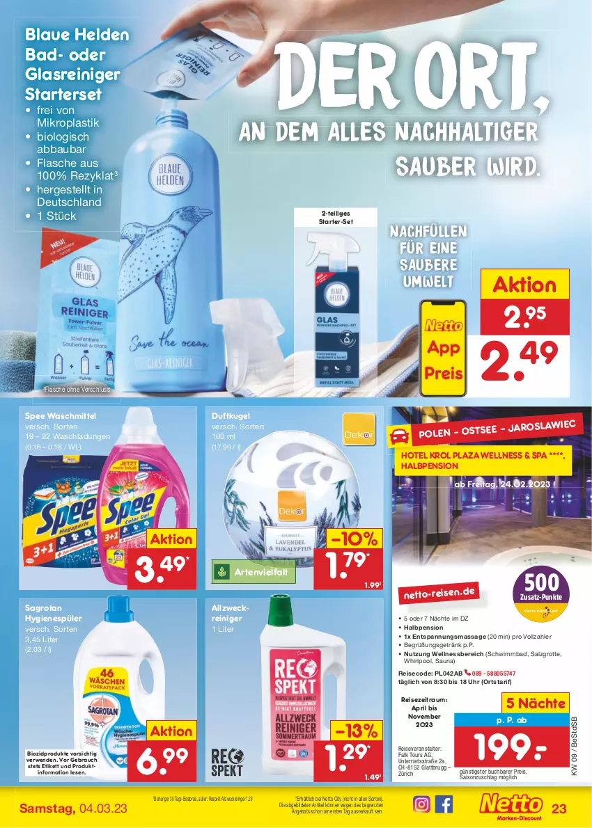 Aktueller Prospekt Netto Marken-Discount - Filial-Angebote - von 27.02 bis 04.03.2023 - strona 23 - produkty: Abba, allzweckreiniger, angebot, asti, Bad, Bau, bestpreis, bio, biozidprodukte, buch, eis, flasche, getränk, Glasreiniger, hygienespüler, Kugel, pool, pril, Rauch, reiniger, reis, reiseveranstalter, rwe, sagrotan, salz, spee, Ti, uhr, waschmittel, weck, wellnessbereich, Whirlpool, ZTE