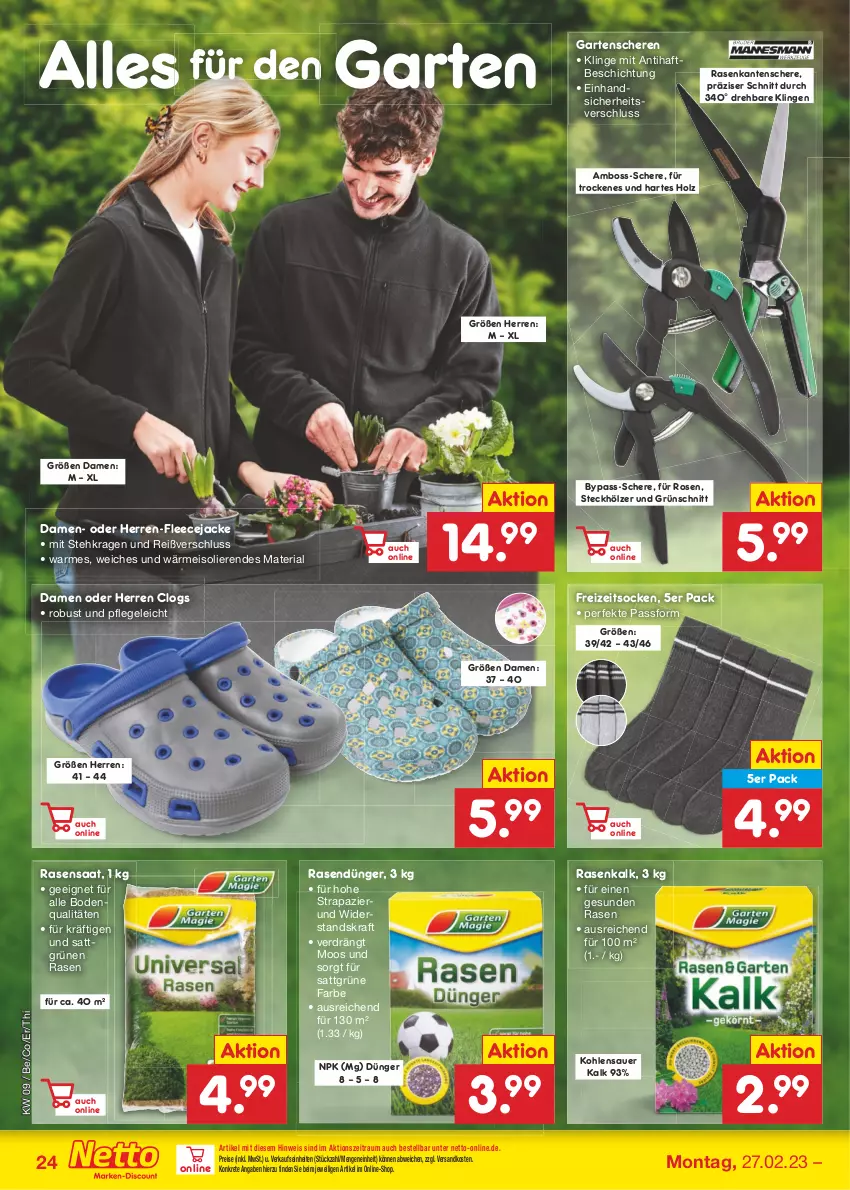 Aktueller Prospekt Netto Marken-Discount - Filial-Angebote - von 27.02 bis 04.03.2023 - strona 24 - produkty: auer, boss, Clogs, dünger, eis, Fleecejacke, Freizeitsocken, Garten, Gartenschere, Holz, Jacke, kraft, ndk, rasen, rasendünger, reis, Ria, rosen, Schere, socken, Ti