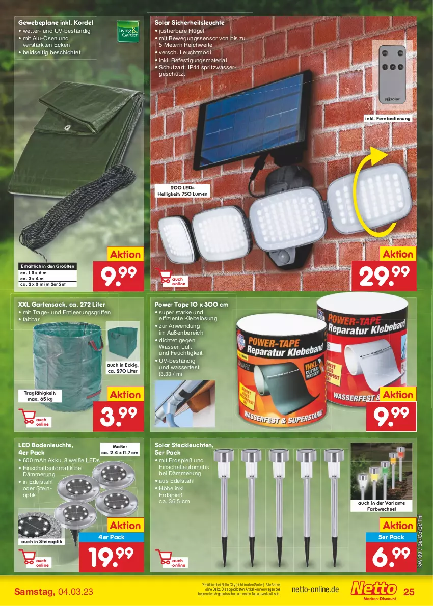 Aktueller Prospekt Netto Marken-Discount - Filial-Angebote - von 27.02 bis 04.03.2023 - strona 25 - produkty: akku, angebot, auto, Bewegungssensor, edelstahl, ente, fernbedienung, Garten, Gartensack, Gewebeplane, leds, Leuchte, leuchten, Ria, sac, Schal, Stier, Ti, wasser, ZTE