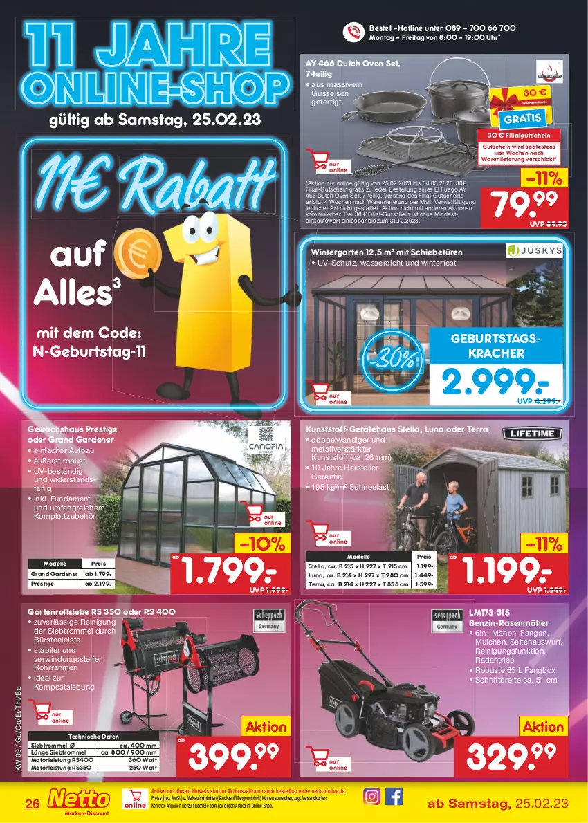 Aktueller Prospekt Netto Marken-Discount - Filial-Angebote - von 27.02 bis 04.03.2023 - strona 26 - produkty: Bau, Brei, bürste, bürsten, dell, eis, elle, Garten, Gewächshaus, gutschein, kracher, LG, Mode, ndk, rasen, rasenmäher, Reinigung, reis, teller, Ti, trommel, uhr, uv-schutz, wasser