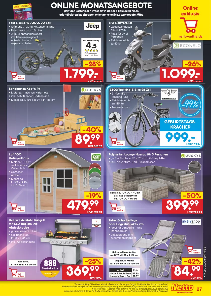 Aktueller Prospekt Netto Marken-Discount - Filial-Angebote - von 27.02 bis 04.03.2023 - strona 27 - produkty: abdeckhaube, akku, angebot, angebote, Bau, E-Bike, edelstahl, eis, Elektro, Elektroroller, gasgrill, glasplatte, grill, grillfläche, grillrost, gutschein, gutscheine, Holz, Kette, kissen, kracher, latte, LG, Liege, milch, natur, ndk, reis, rel, Ria, Roller, Rückenkissen, Sandkasten, Schal, Schaukel, Schaukelliege, Schütze, shimano, stuhl, telefon, Ti, tisch, ZTE