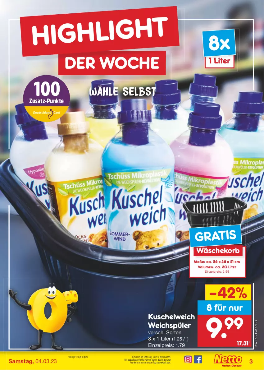 Aktueller Prospekt Netto Marken-Discount - Filial-Angebote - von 27.02 bis 04.03.2023 - strona 3 - produkty: angebot, bestpreis, eis, korb, Kuschelweich, reis, Ti, wäschekorb, weichspüler, ZTE